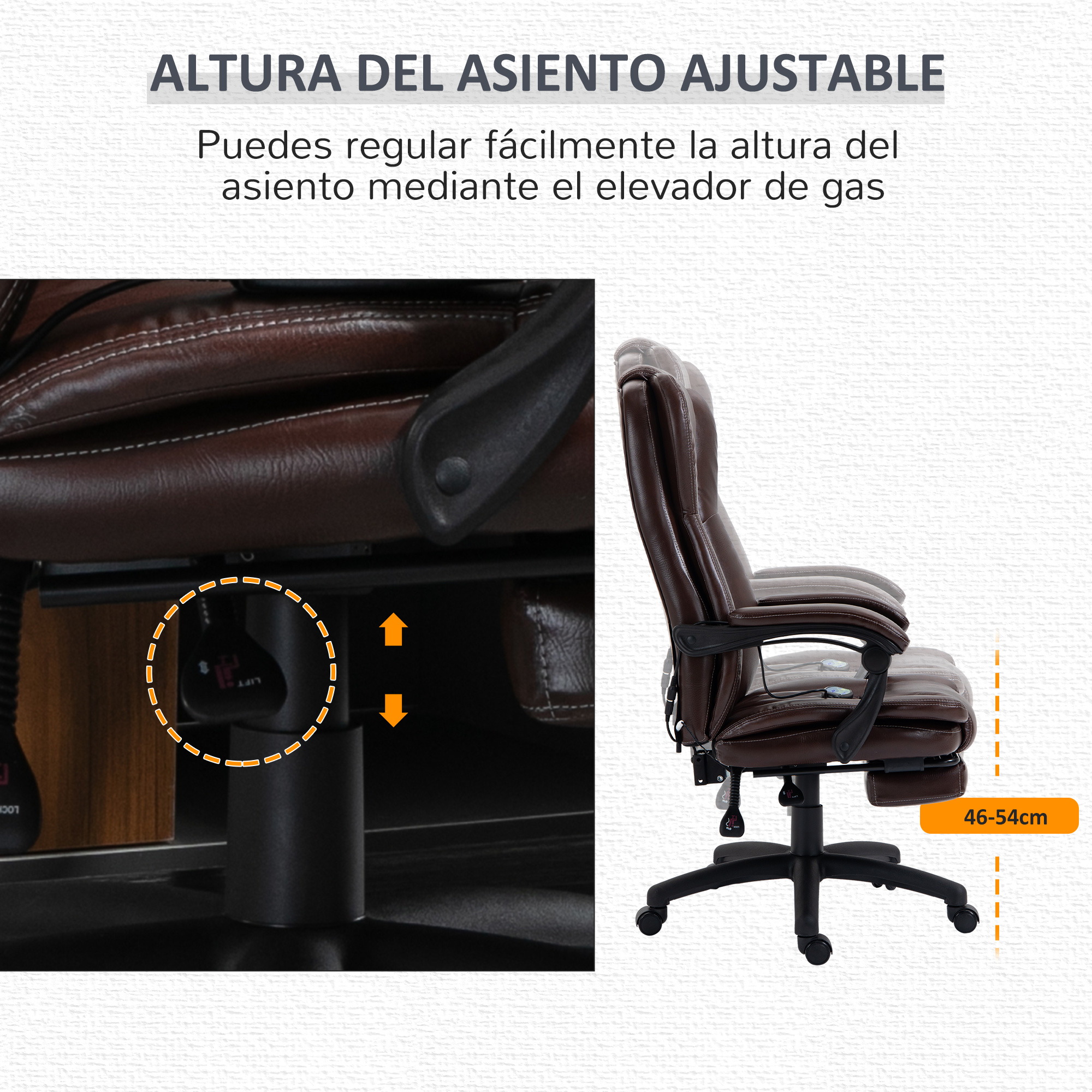 Silla de oficina marrón con altura de asiento ajustable 46-54cm.