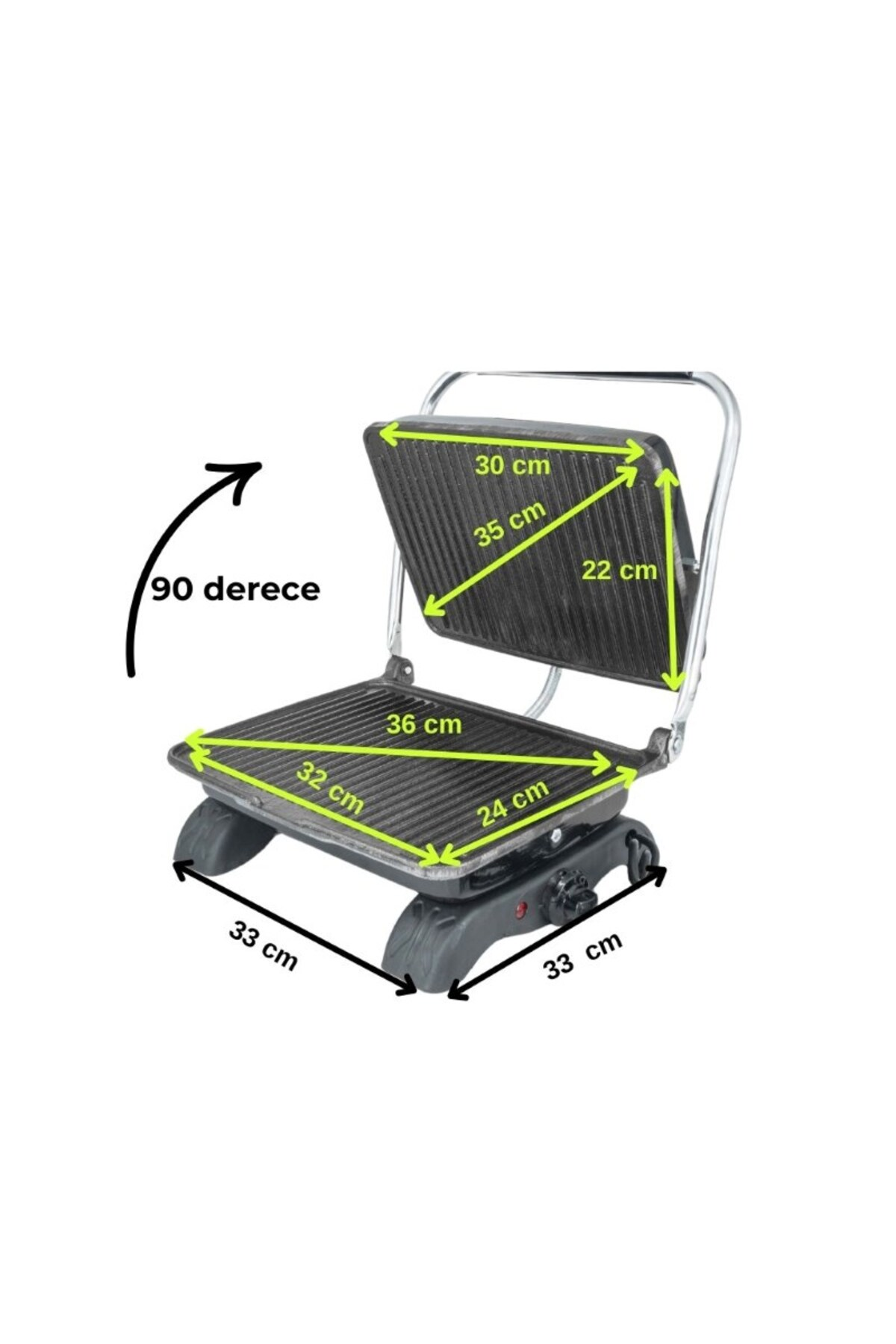 Açık bir kontakt grill ölçülerle. Gümüş aksanlı siyah.