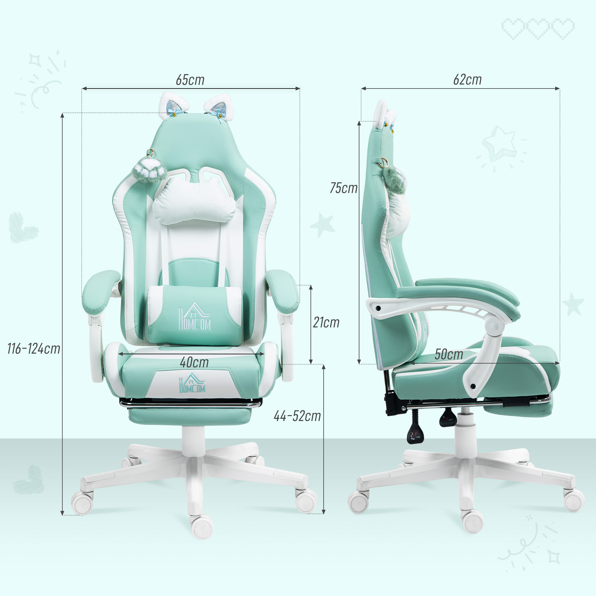 Silla gaming verde menta y blanca con orejas de gato, cojines y medidas.