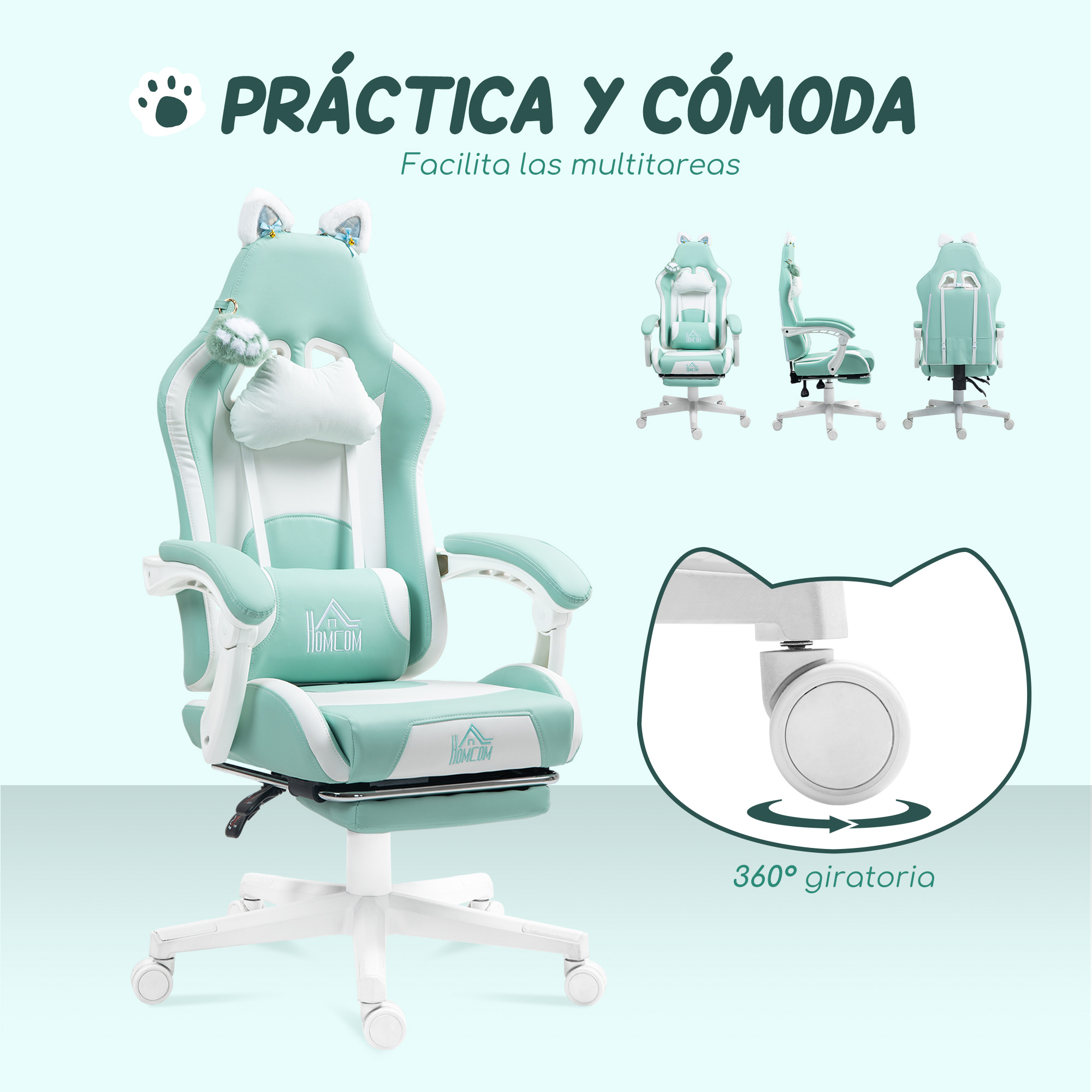 Una silla gamer verde menta y blanca con orejas de gato y cojín, rotación 360°.