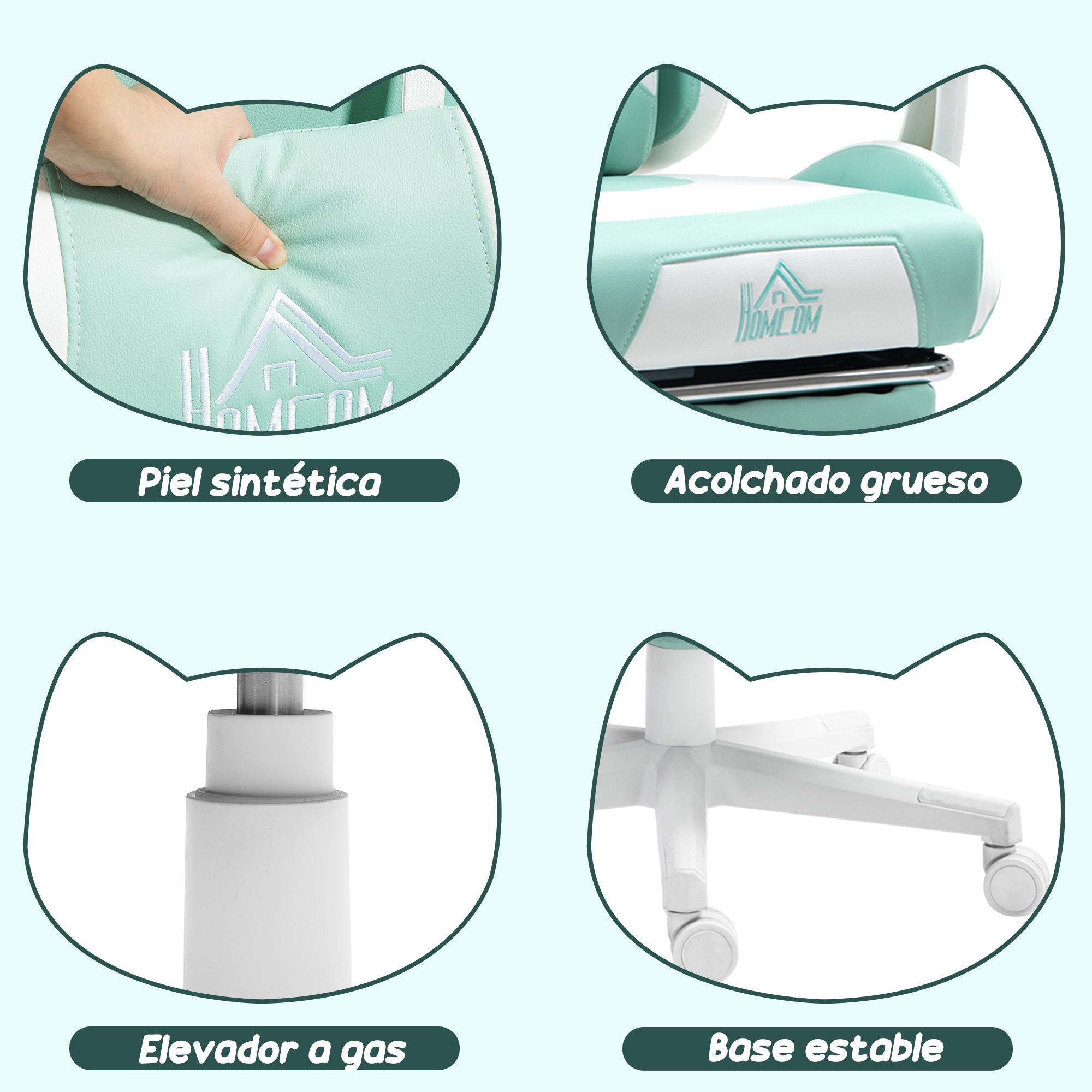 Colage de cuatro primeros planos de una silla blanca y verde menta: piel sintética, acolchado grueso, elevador a gas.