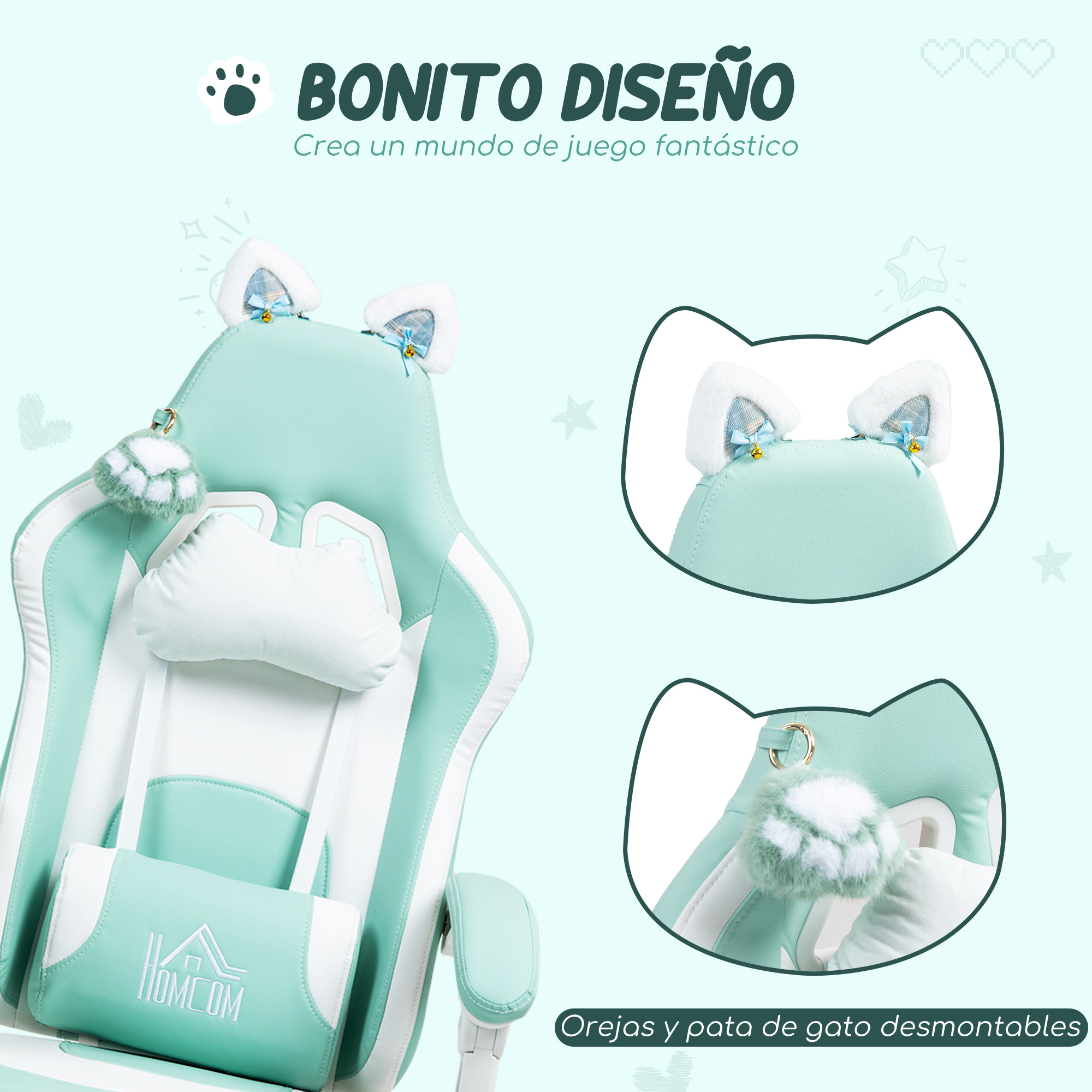 Silla gaming verde menta con detalles blancos, cojín nube y orejas de gato.