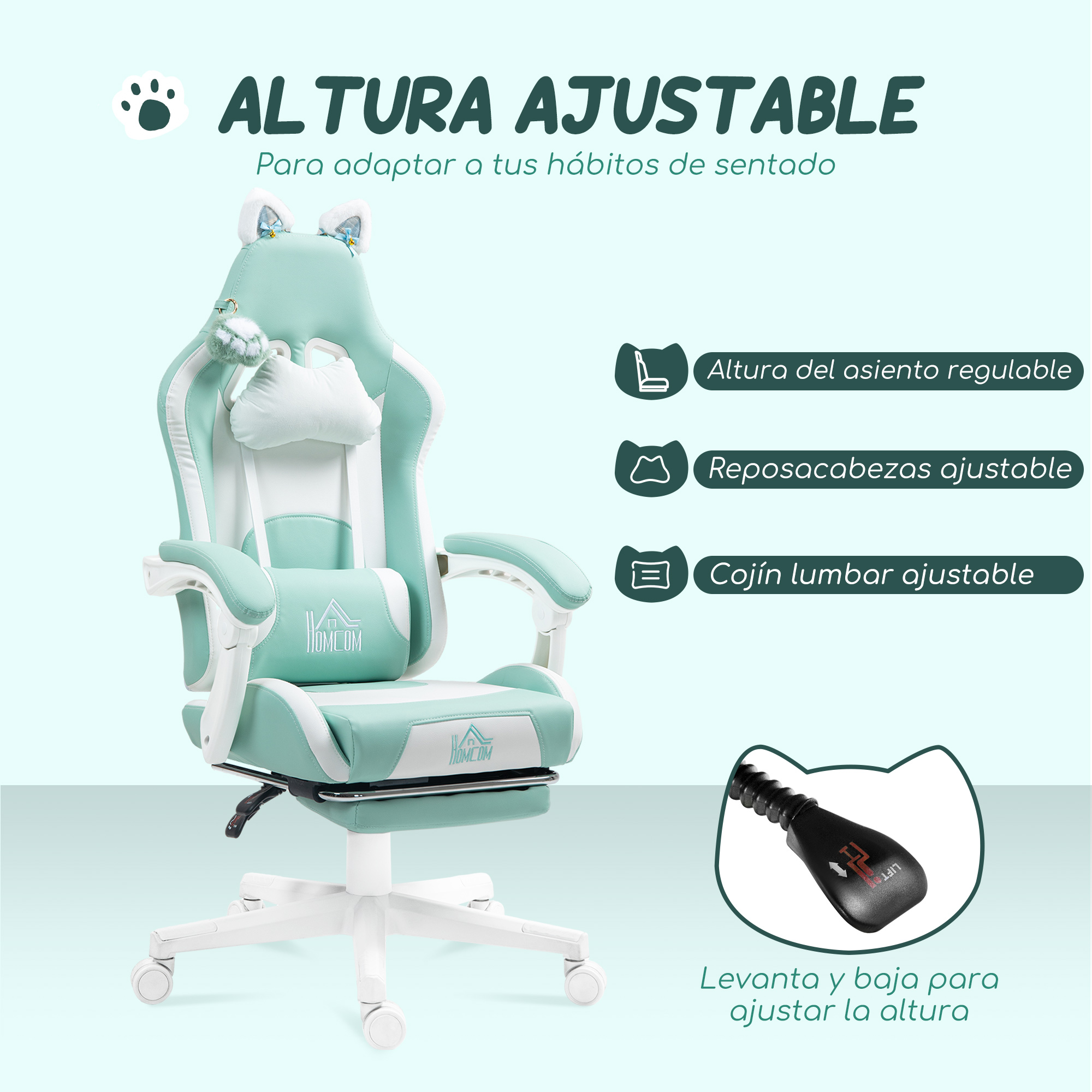 Una silla gamer verde menta con orejas de gato y funciones ajustables.