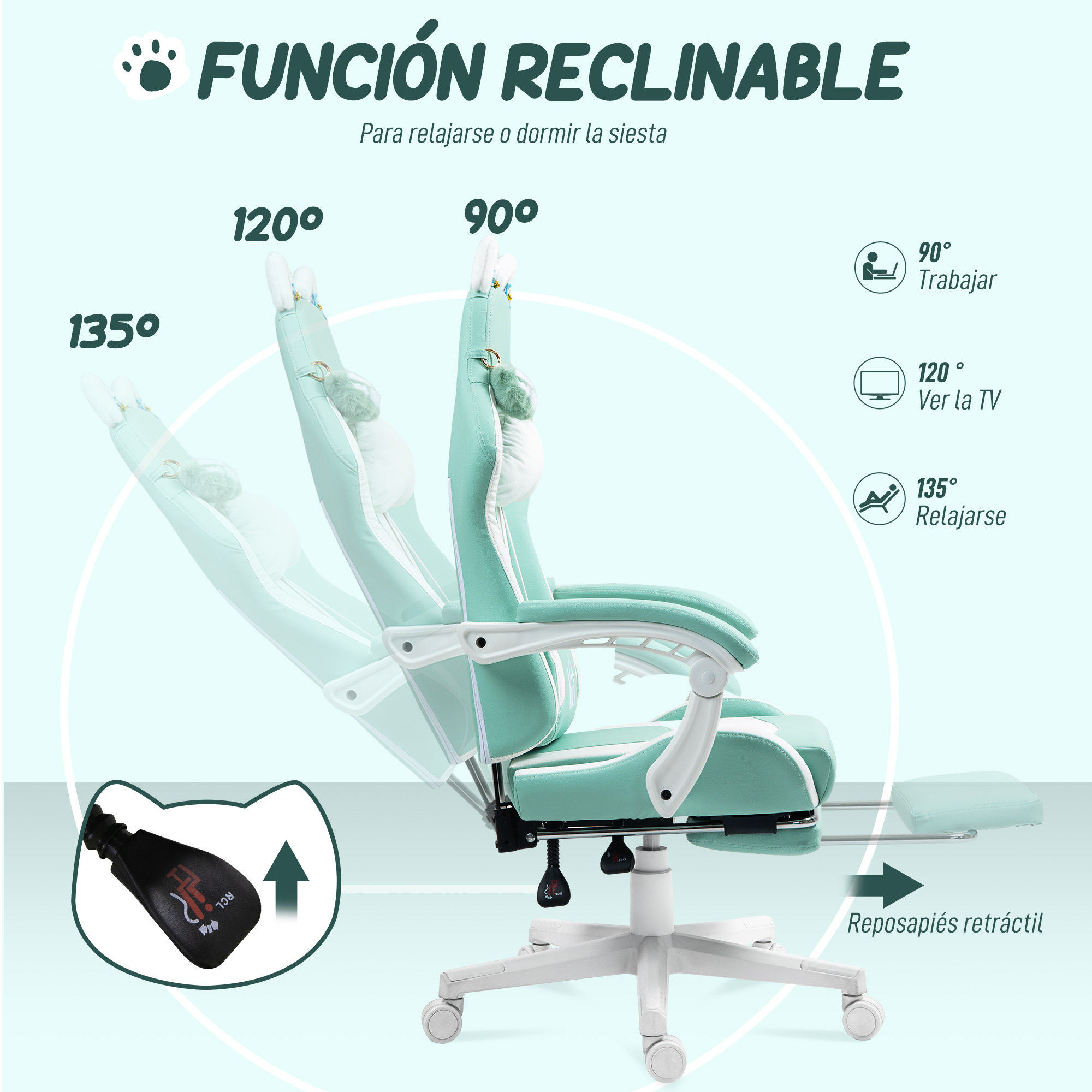 Silla gaming verde menta con reposapiés retráctil y diferentes ángulos de reclinación.