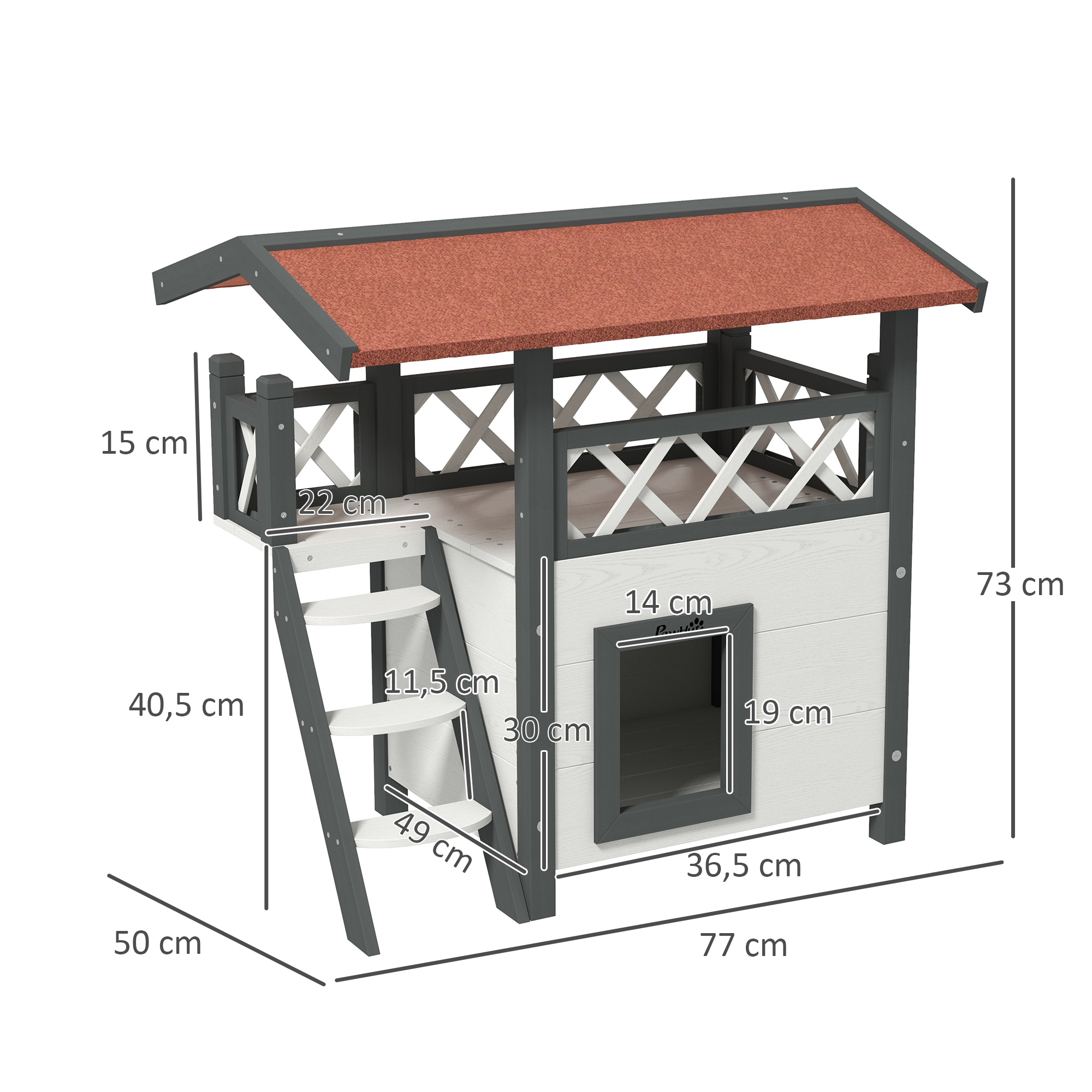 Una casa para mascotas de varios niveles con techo, escaleras y puerta.