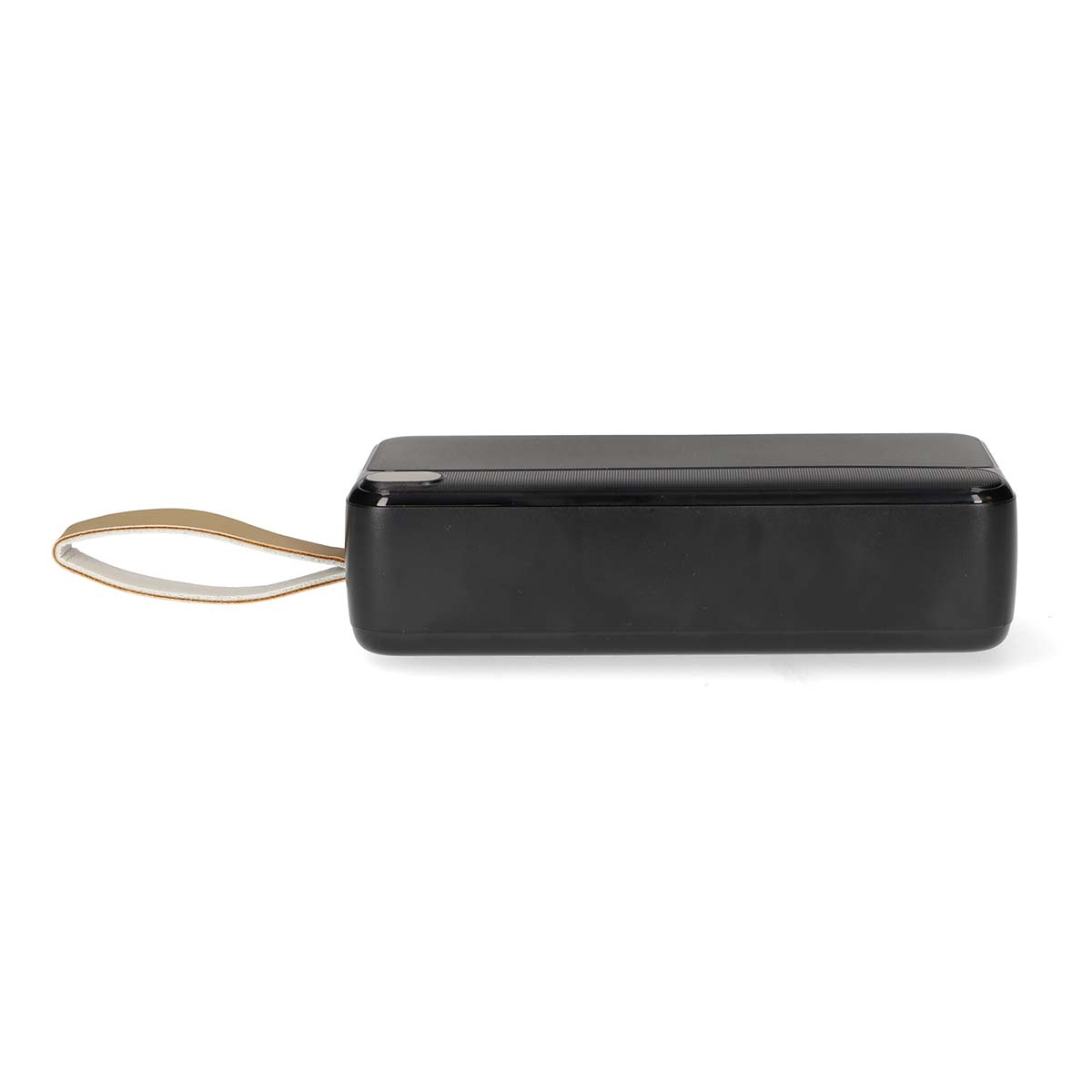 Black rectangular speaker with a loop on a white background.