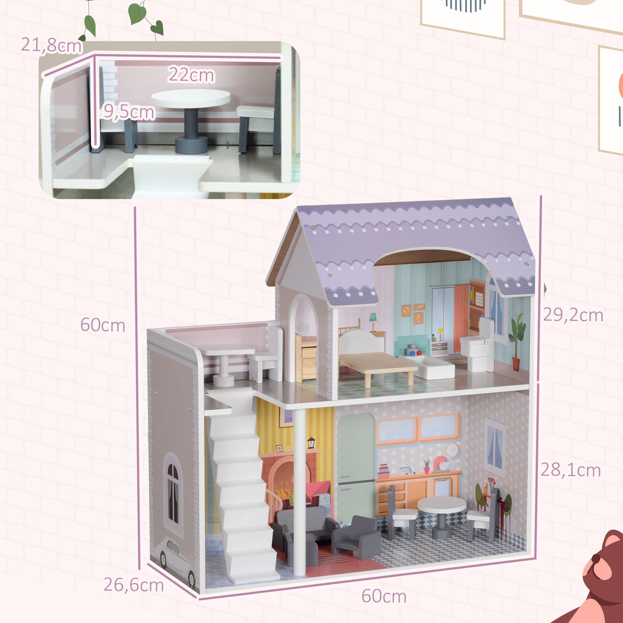 Una casa de muñecas detallada con dos pisos, muebles y dimensiones.