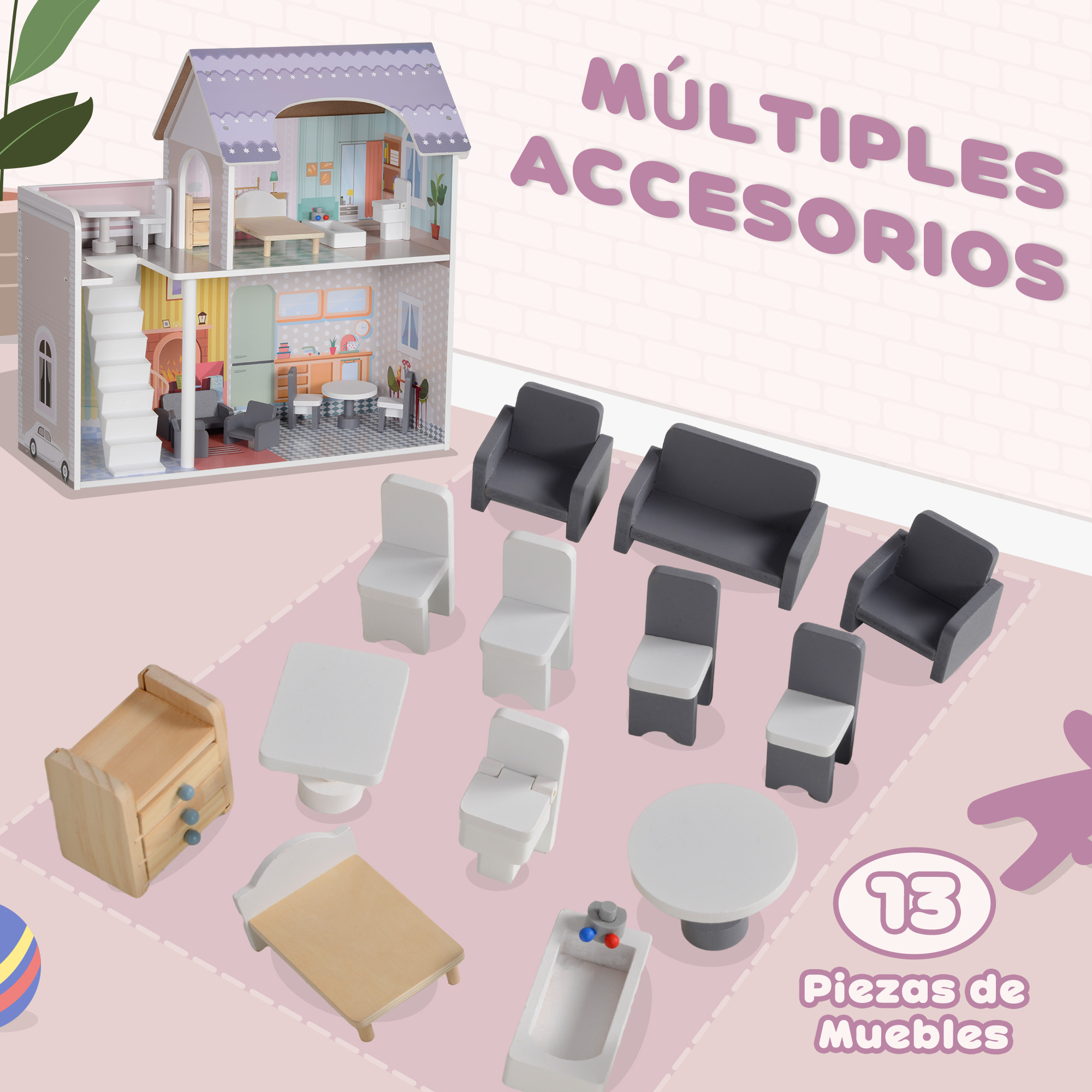 Muebles de casa de muñecas: cama madera, bañera, inodoro, 3 sillas, 2 sofás, cómoda, 2 mesas.