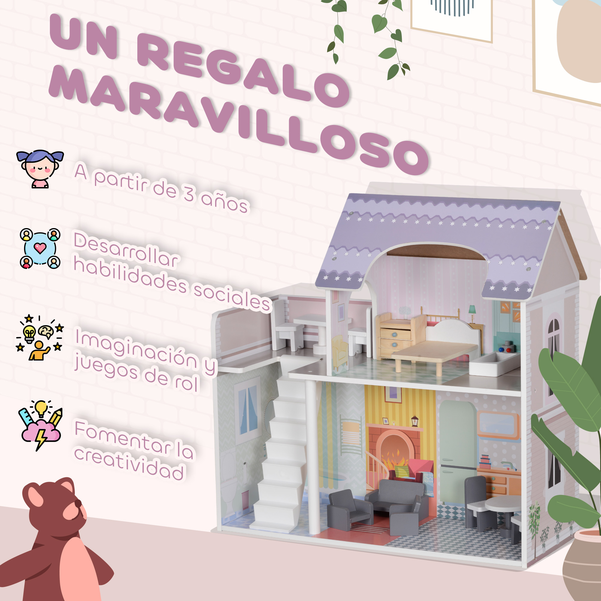 Un regalo maravilloso: casa de muñecas con muebles, osito y ilustraciones.