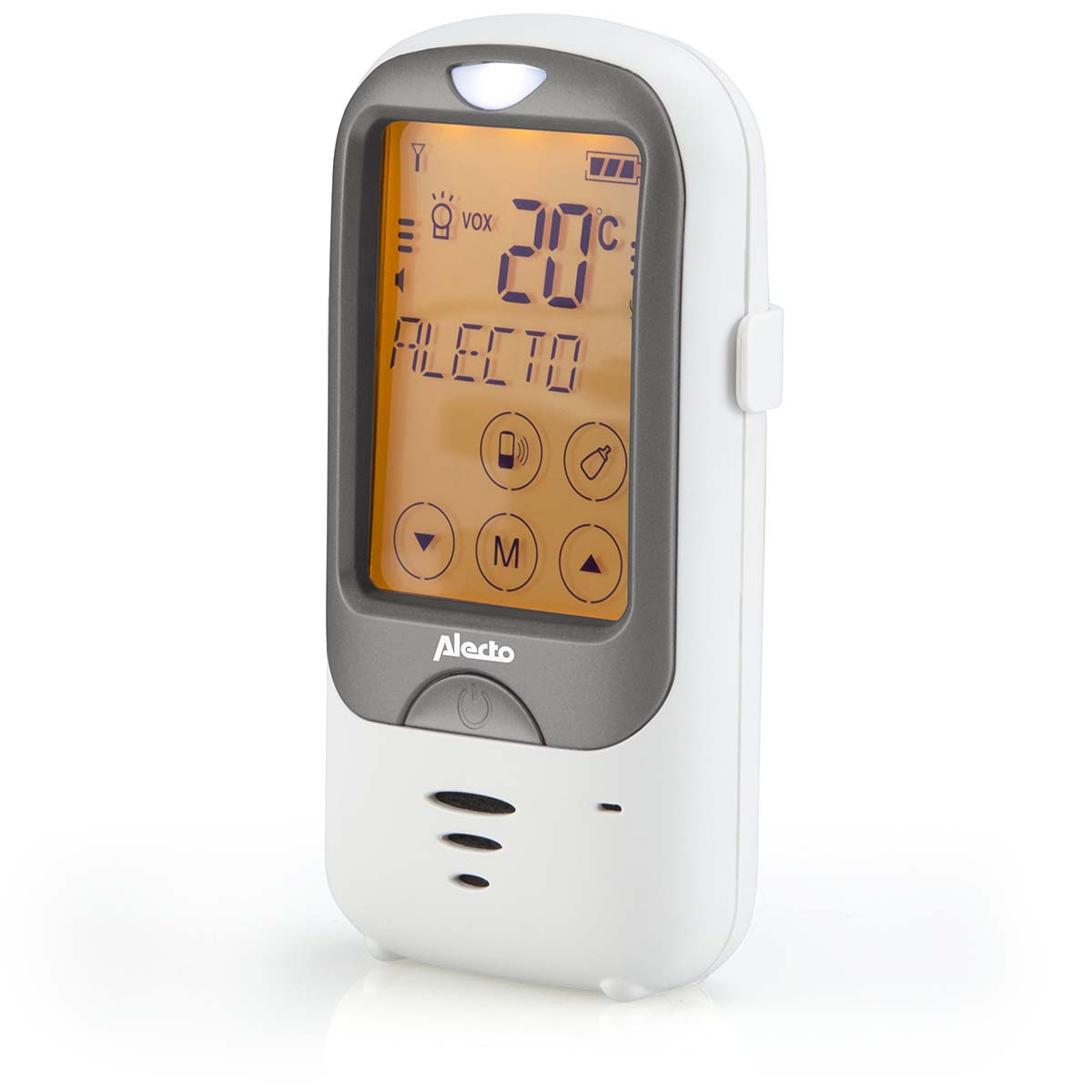 A white baby monitor with an orange screen displaying 20°C.