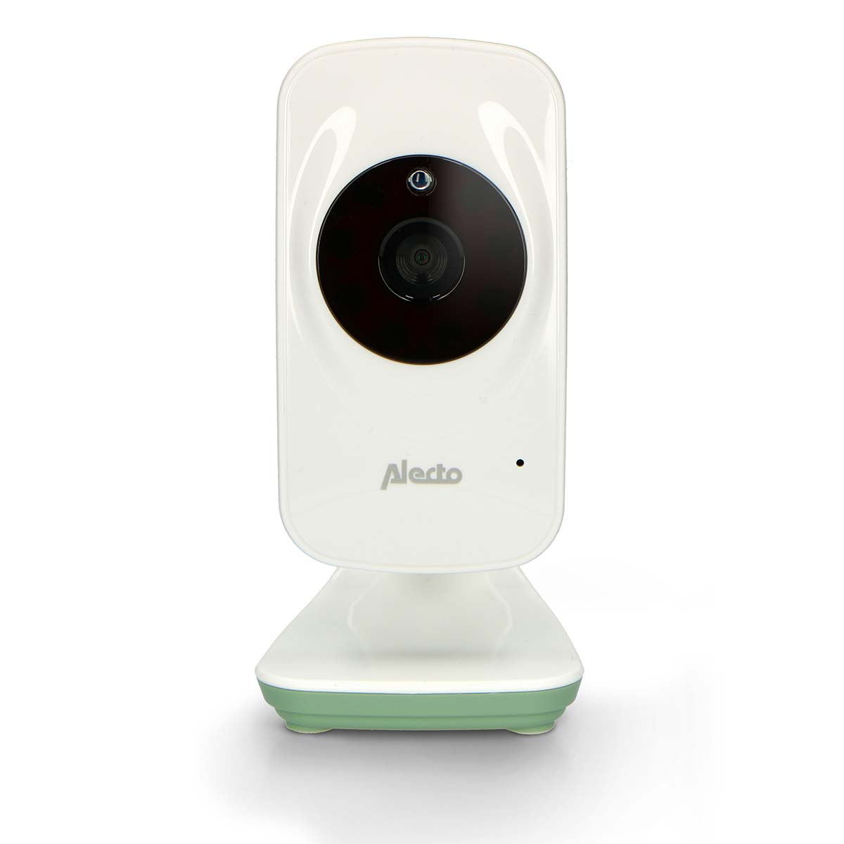 A white baby monitor with a camera and a green base.