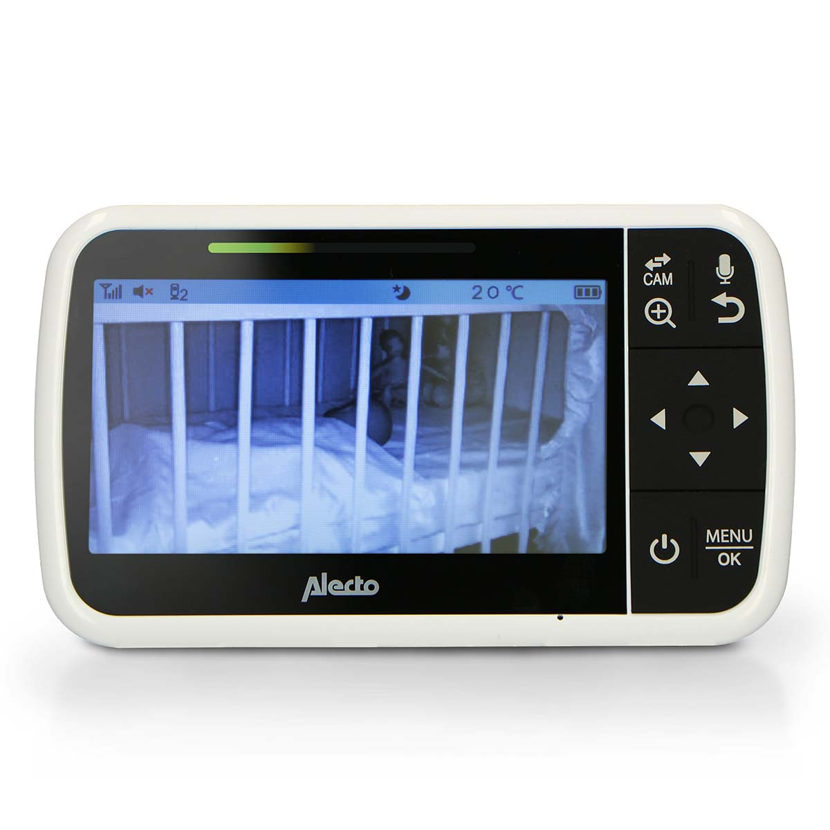 Baby monitor screen shows a crib at night. Temperature is 20 degrees.