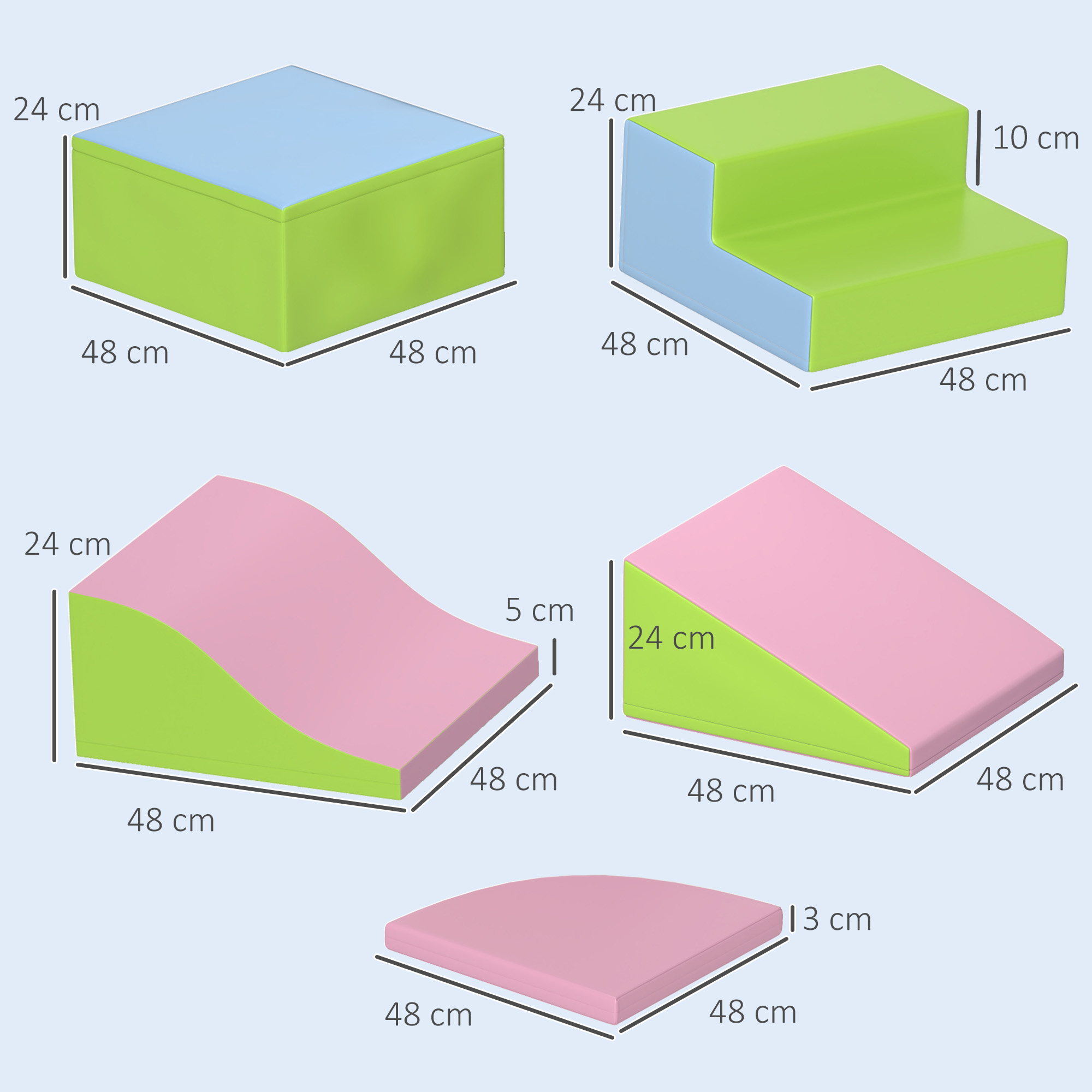 Cinco piezas de espuma coloridas con dimensiones. Un cubo, escaleras, rampa, tobogán y cuarto de círculo.
