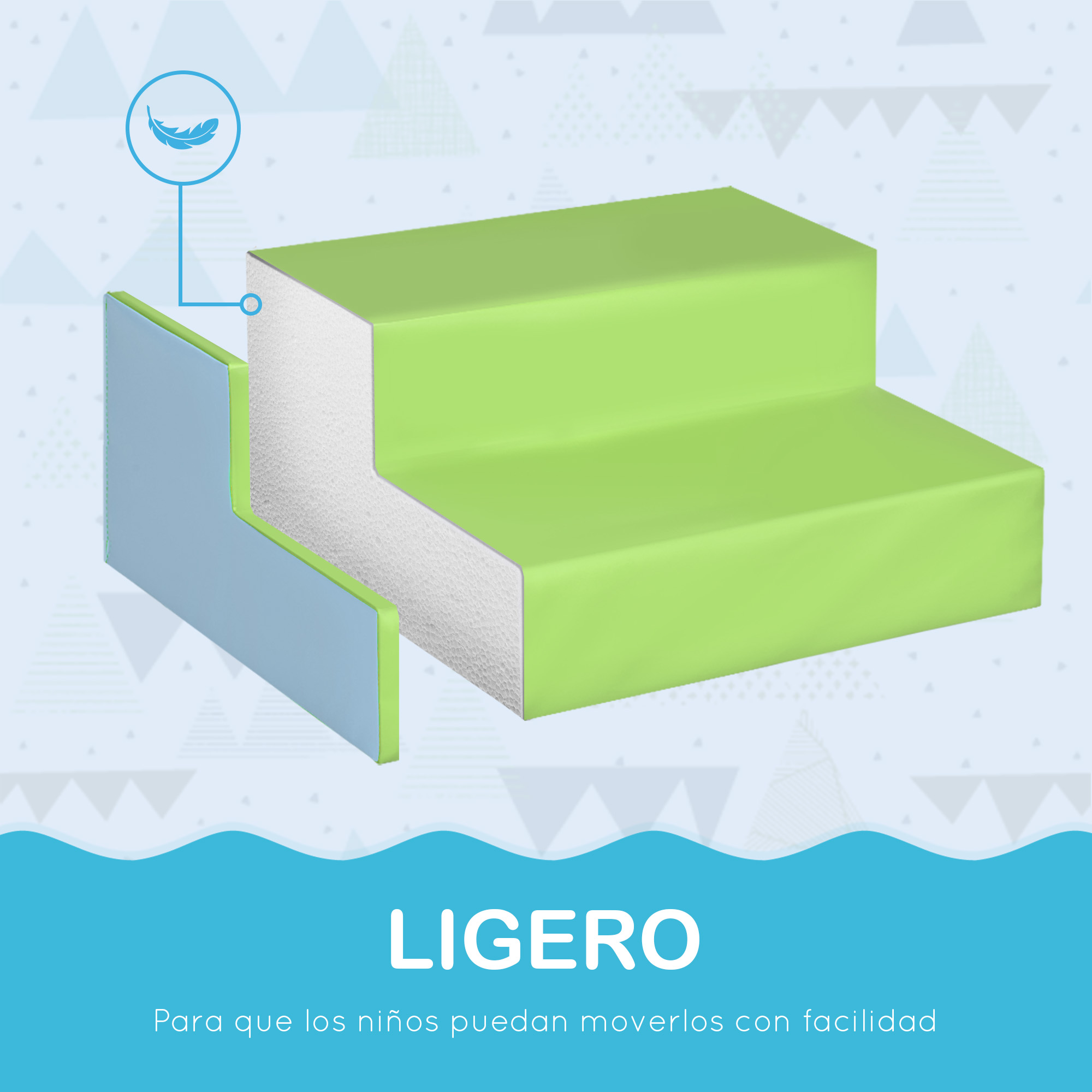Bloque de juego ligero de espuma, verde y azul, con icono de pluma.