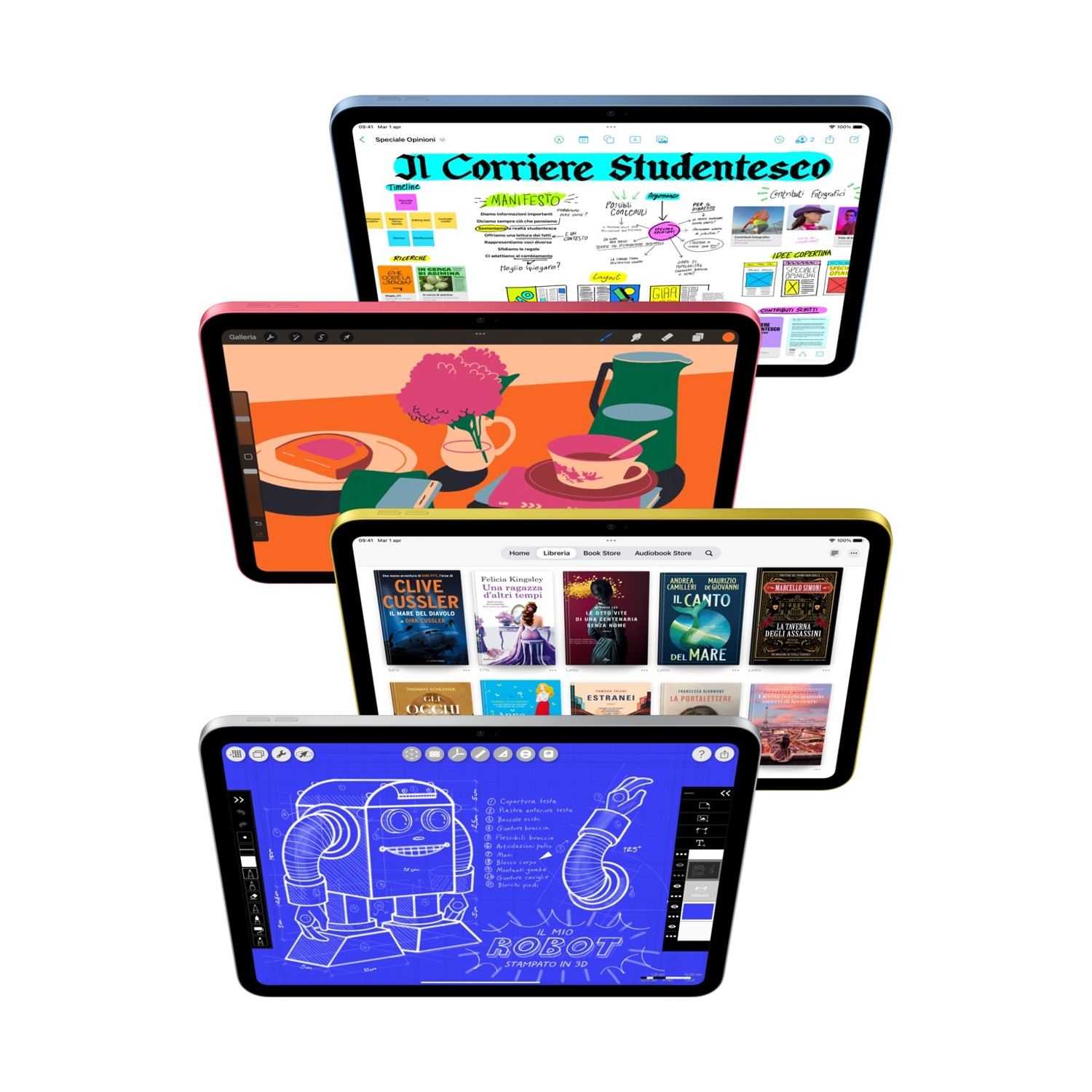 Cztery tablety wyświetlają różne treści: notatkę, ilustrację, okładki książek i schemat robota.