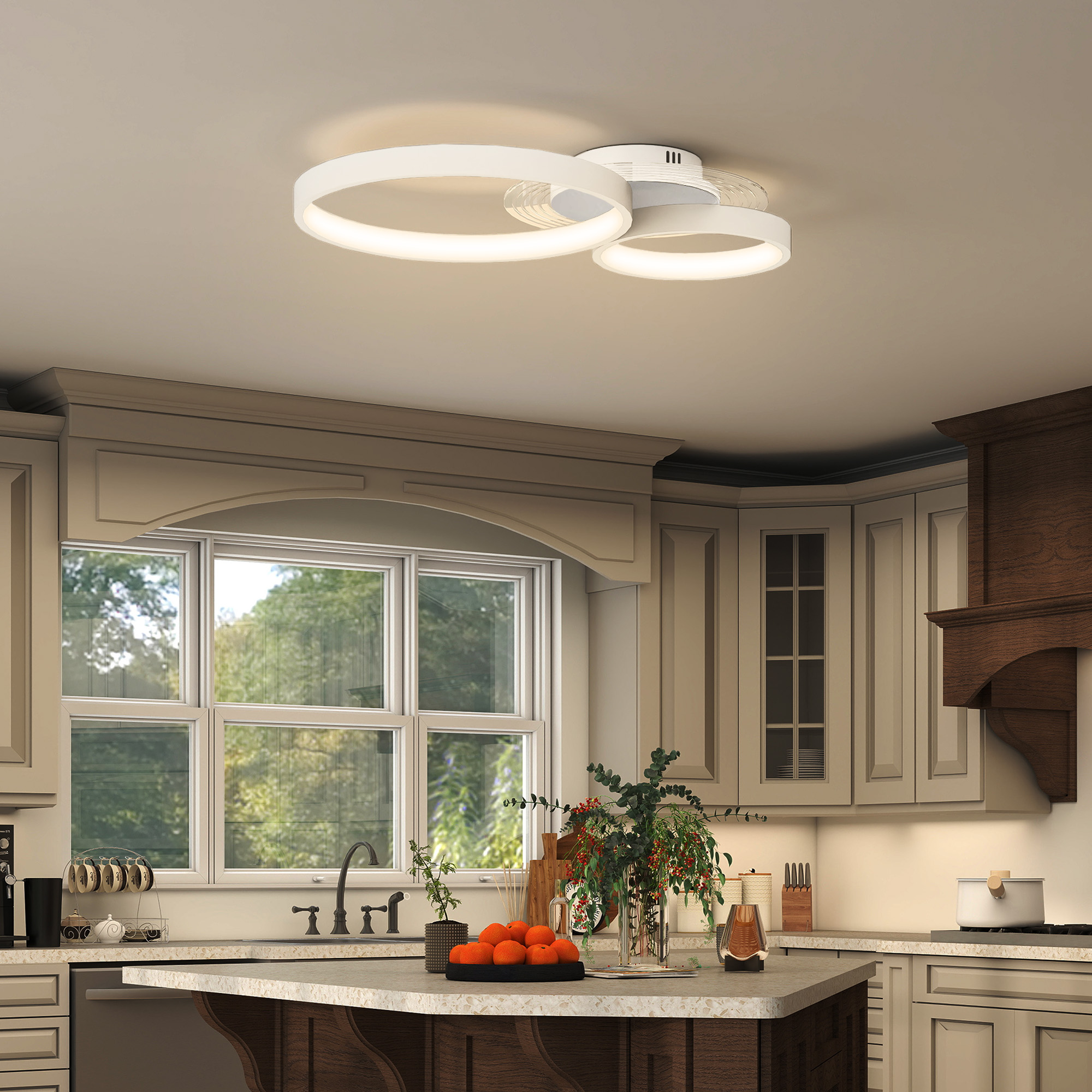 Cocina moderna con lámpara de techo de doble anillo, encimera de granito y vista al jardín.