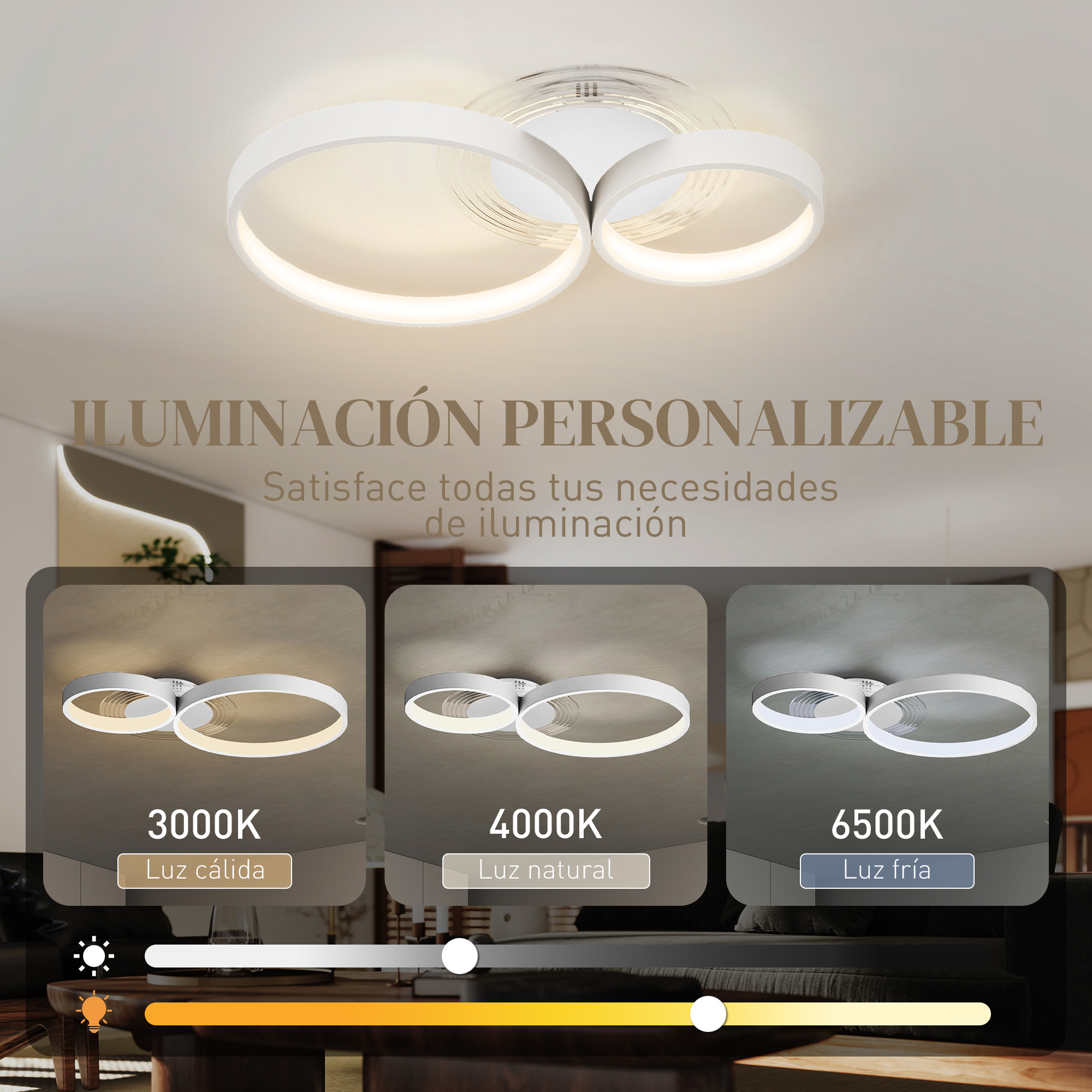 Moderna lámpara de techo de anillo blanco con temperatura de color ajustable de 3000K a 6500K.