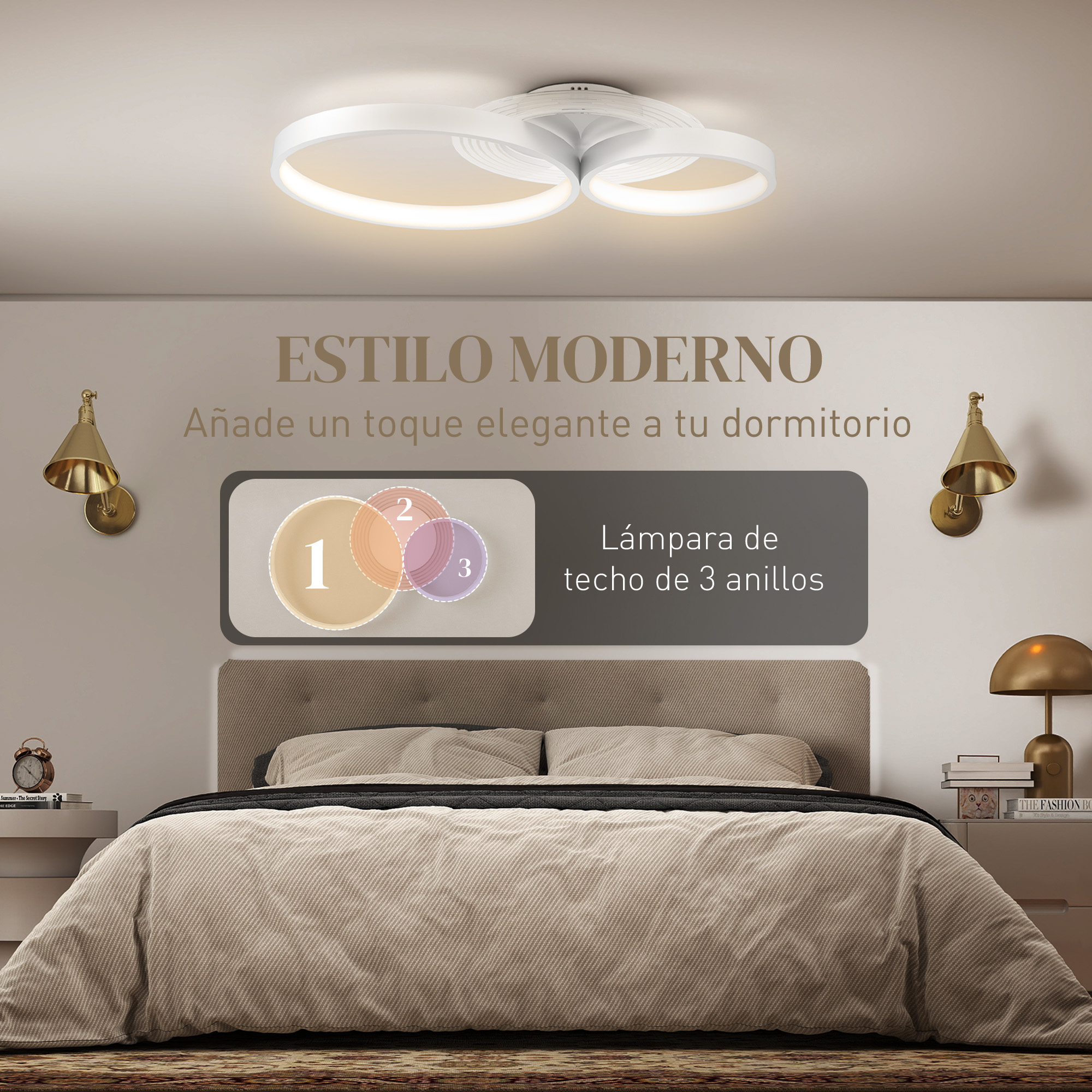 Dormitorio moderno con luz de techo de anillo blanca y apliques dorados.