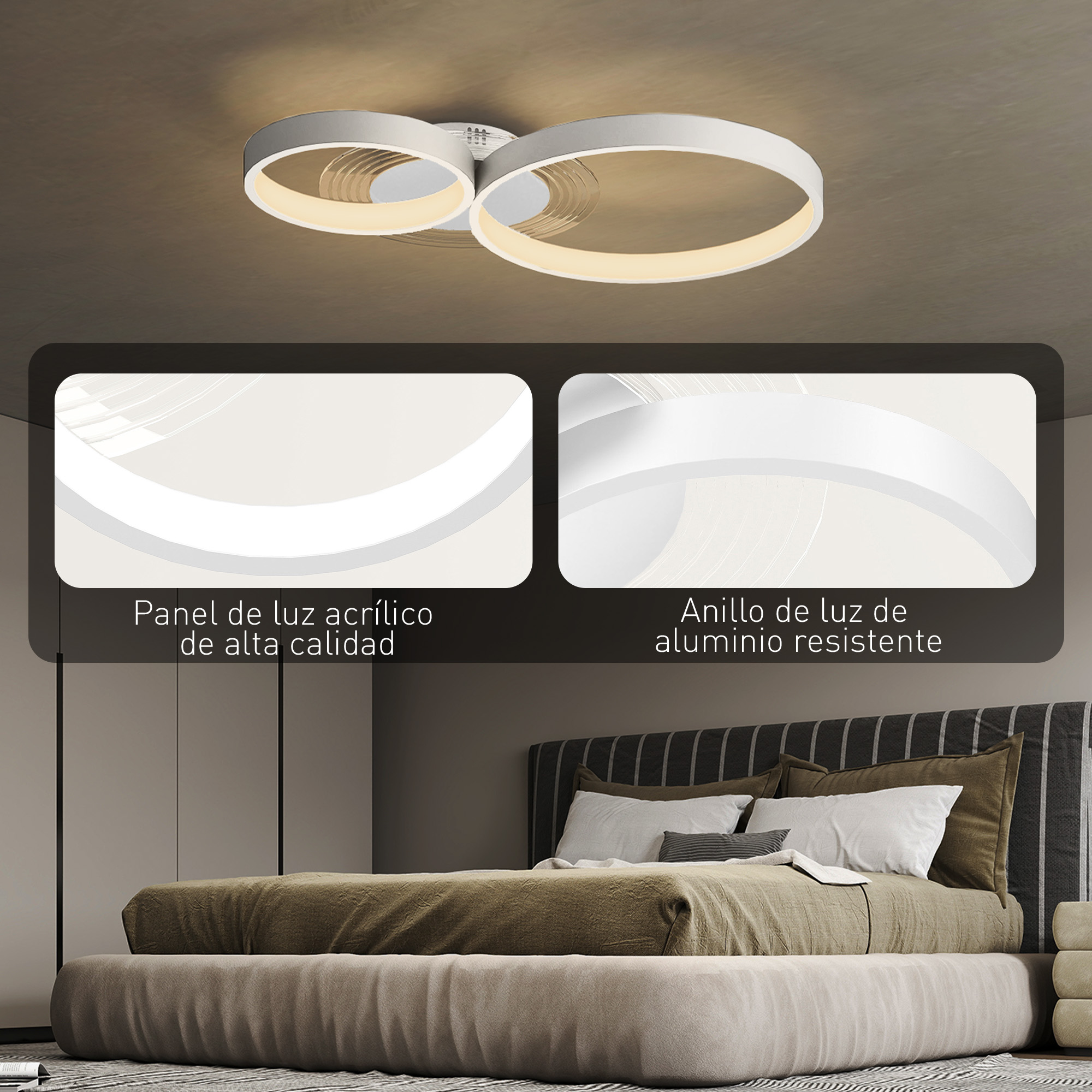 Dormitorio moderno con lámpara de techo minimalista de dos anillos entrelazados.