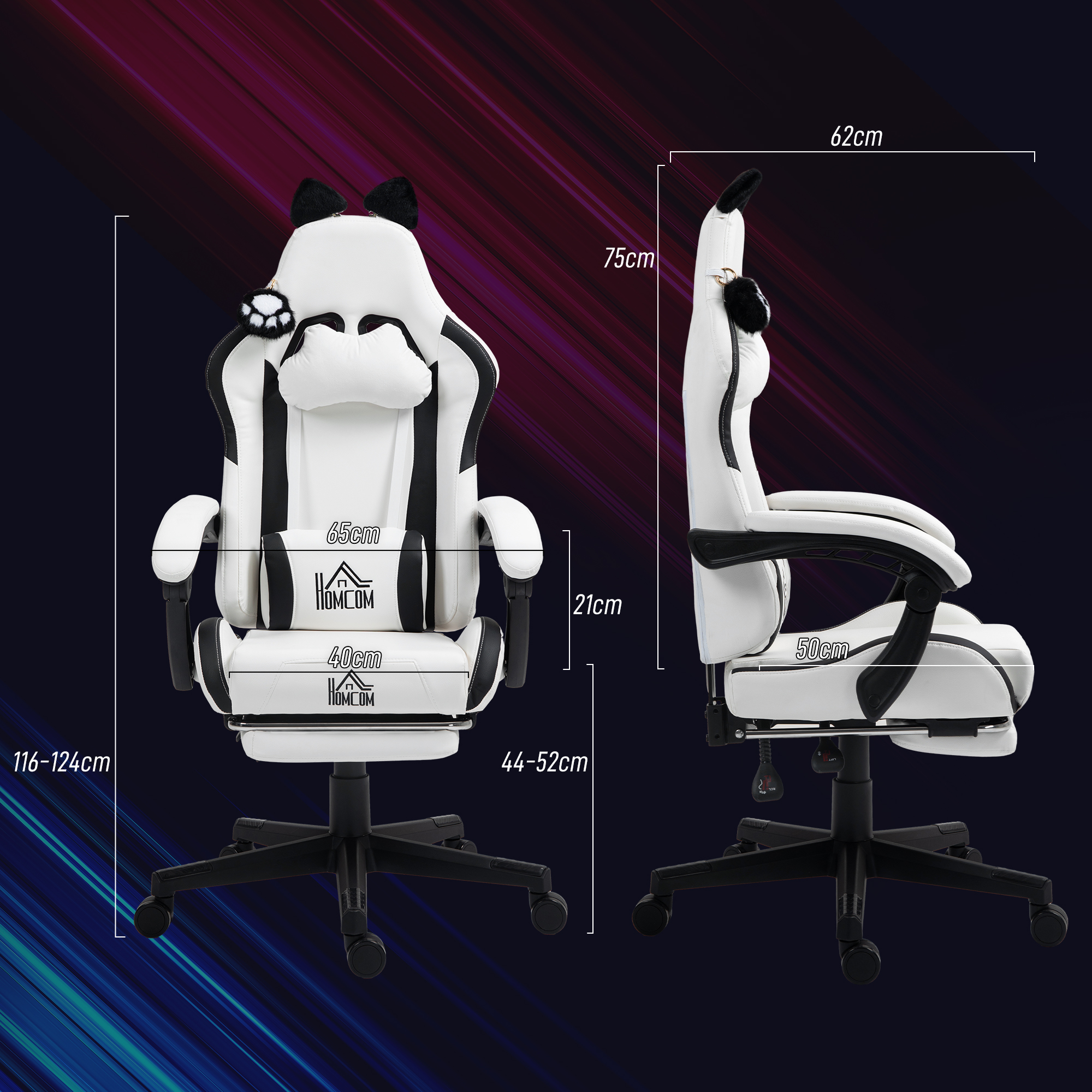 Silla gamer blanca con orejas de panda, mostrando dimensiones.