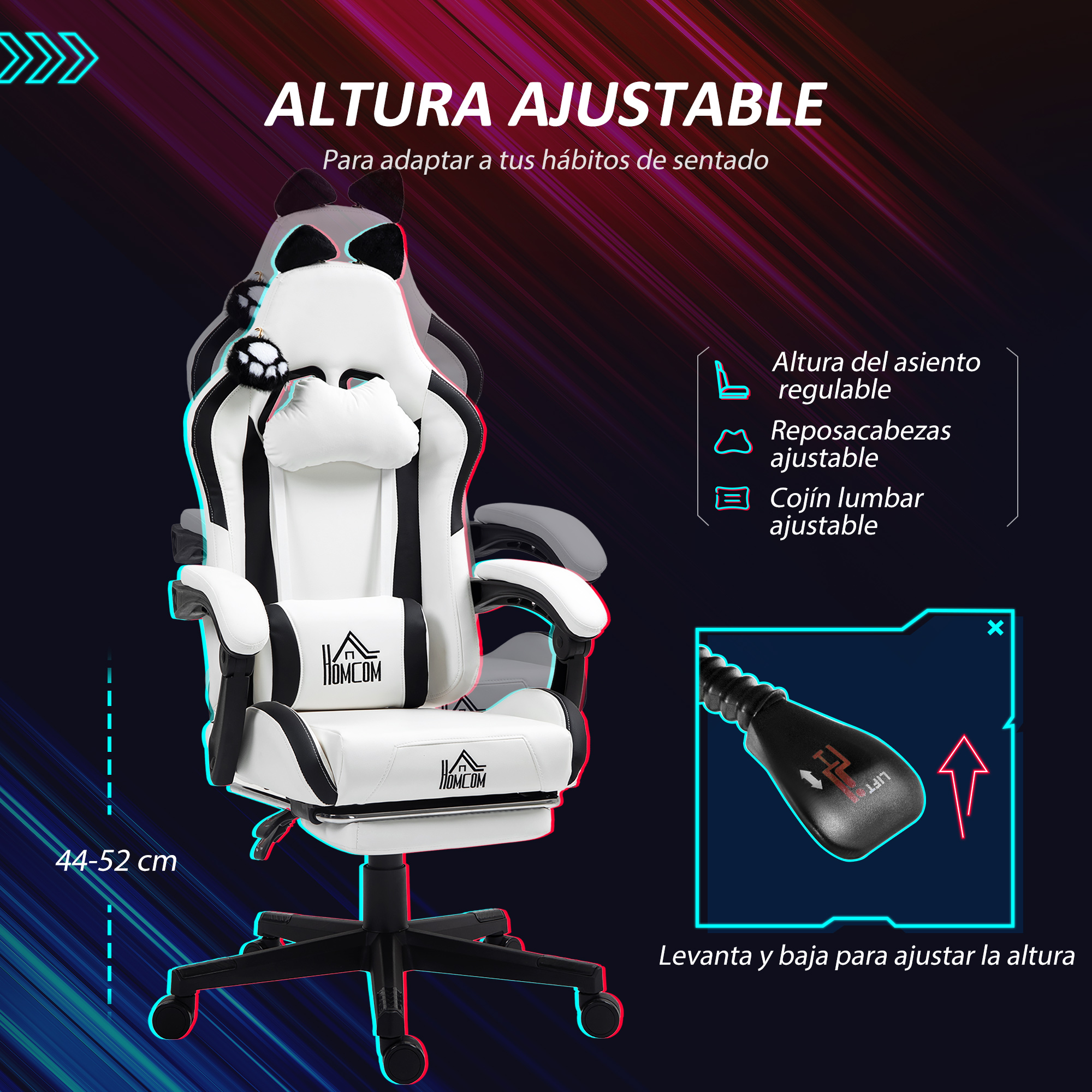 Silla gamer blanca y negra con orejas de panda, altura asiento 44-52 cm.