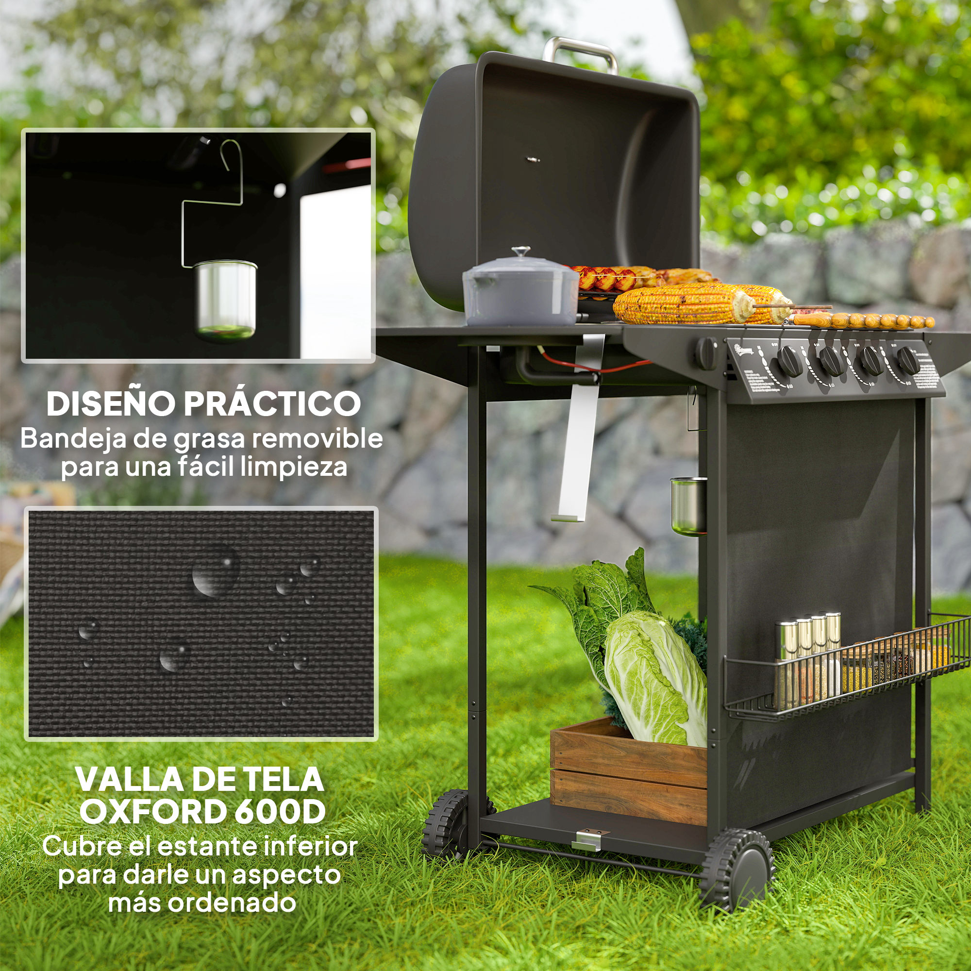 Una parrilla negra con tapa abierta, maíz y carne a la parrilla. Verduras al lado.