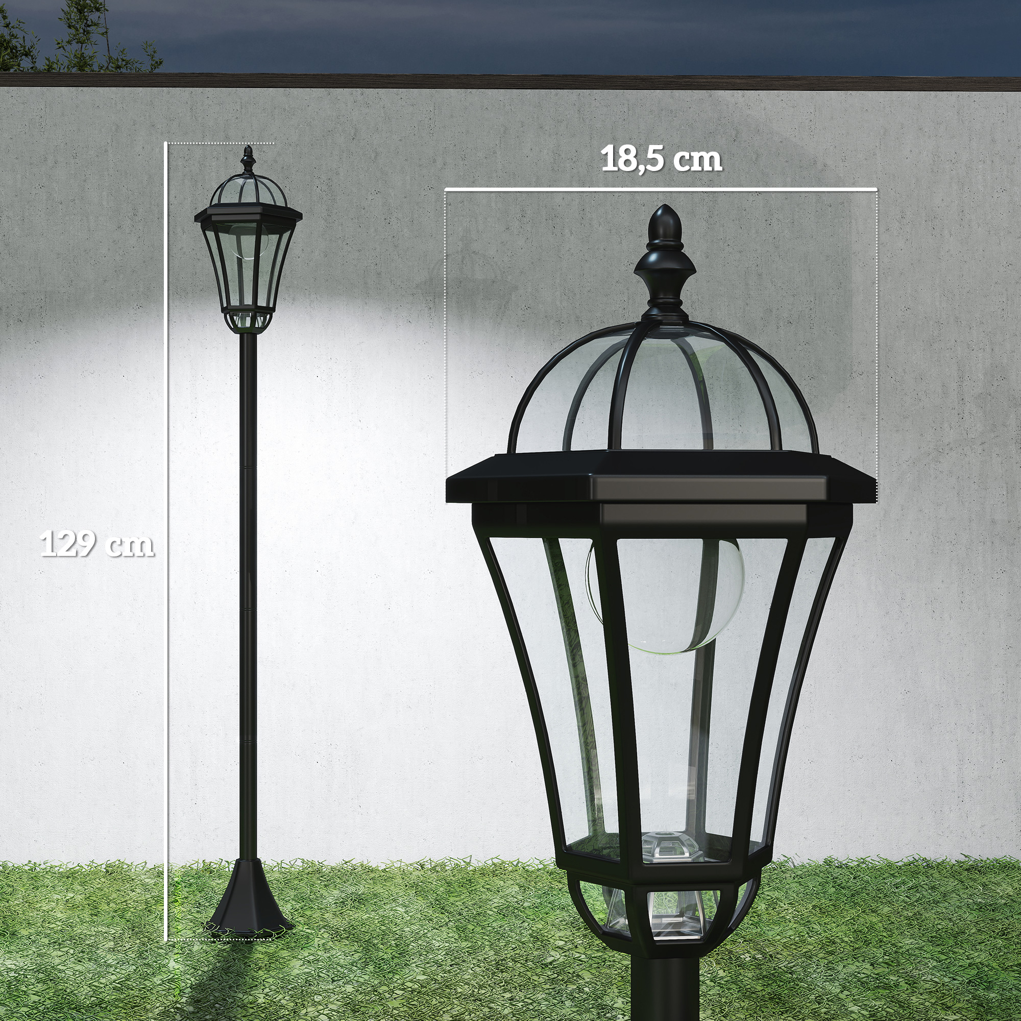 Farola negra con cúpula de cristal, 129 cm de altura, 18.5 cm de ancho.
