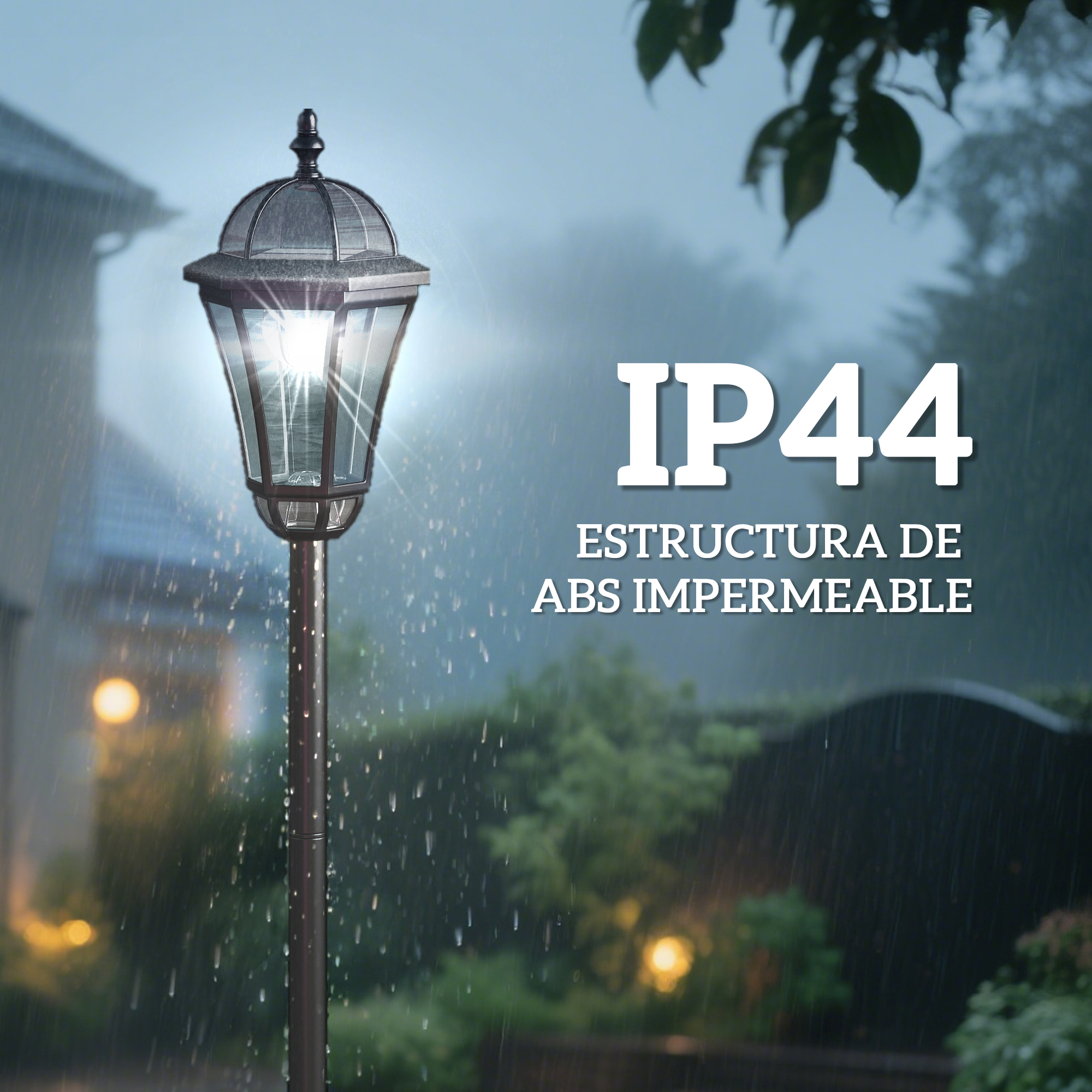 Un farol oscuro bajo la lluvia. Texto: IP44 ABS IMPERMEABLE.