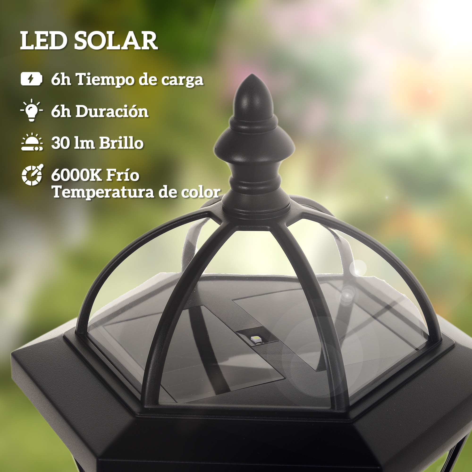 Lámpara LED solar negra con especificaciones técnicas.