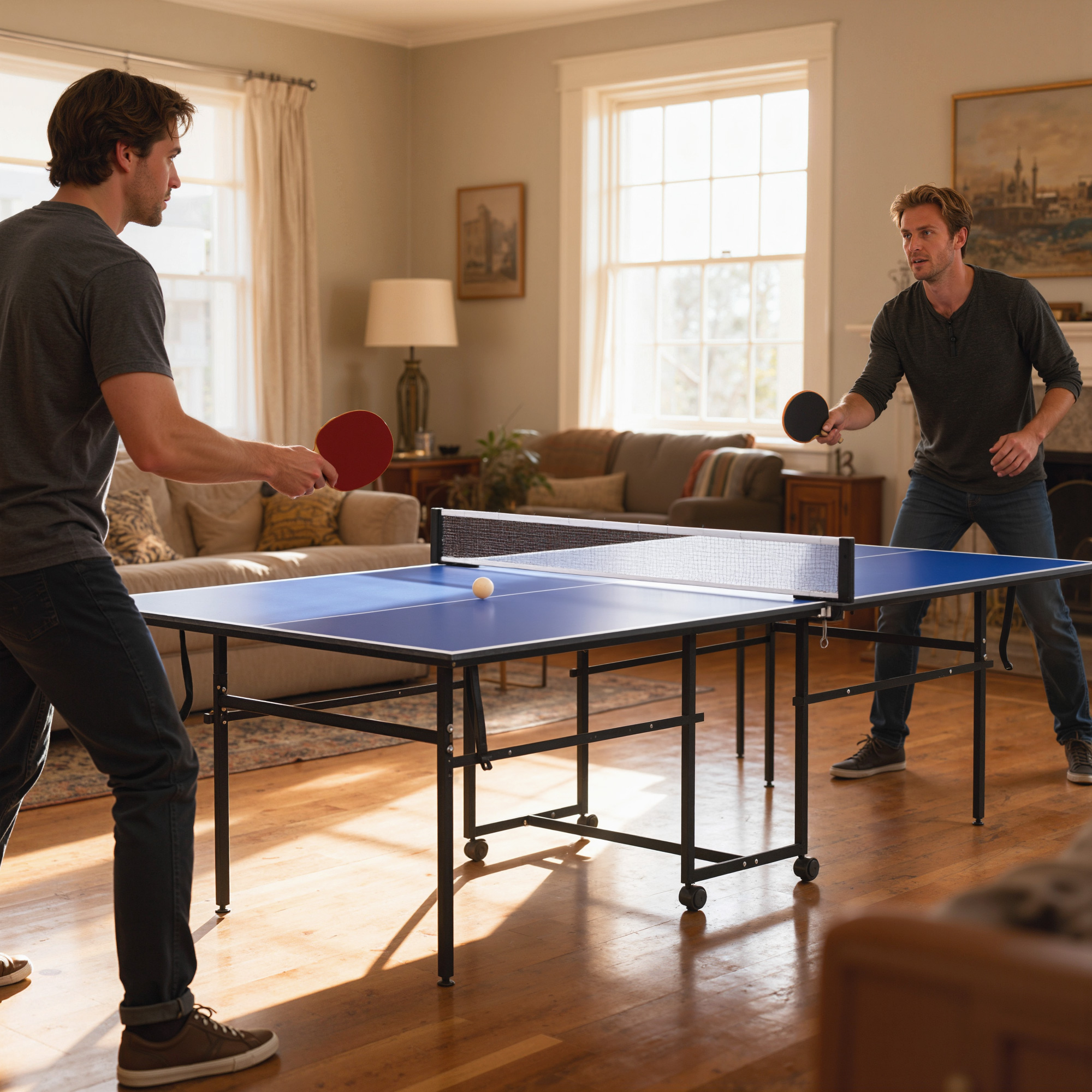 Dos hombres juegan al ping pong en una sala de estar. Una pelota está sobre la mesa azul.
