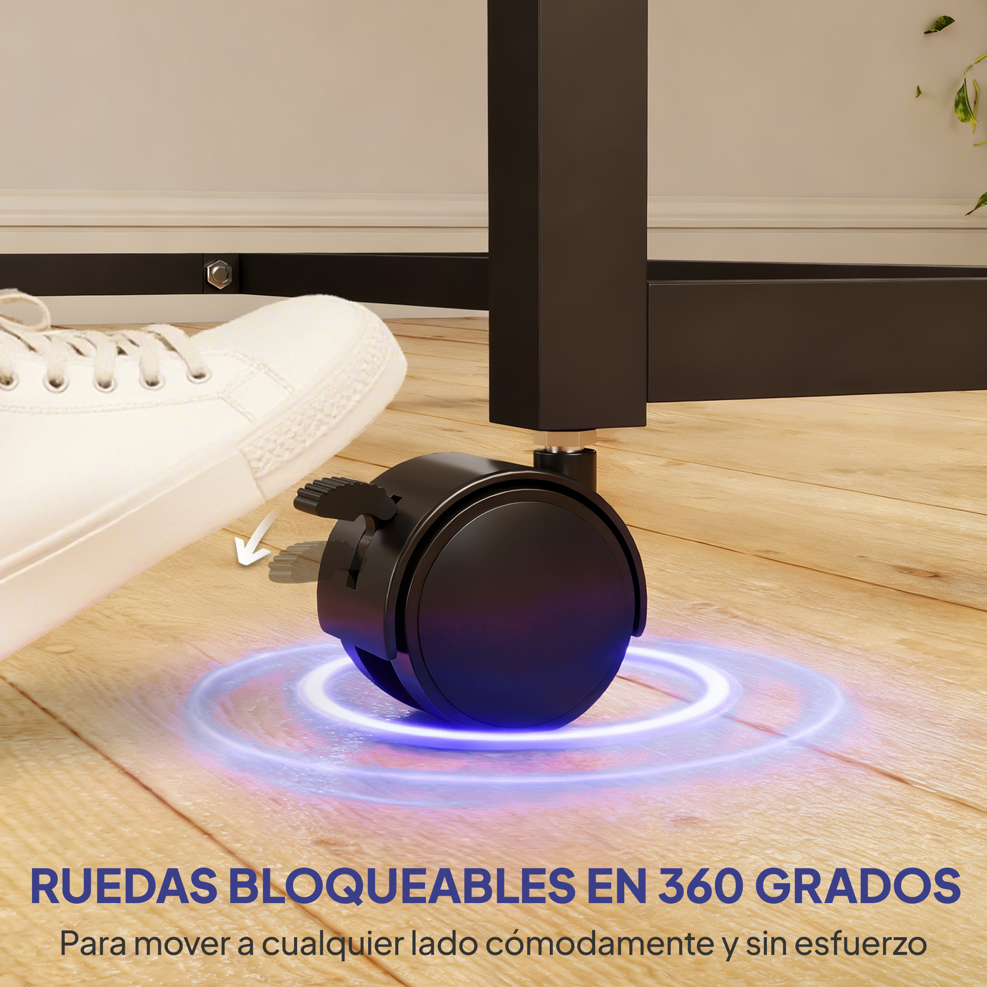 Un zapato blanco pisa una rueda negra con palanca de bloqueo.