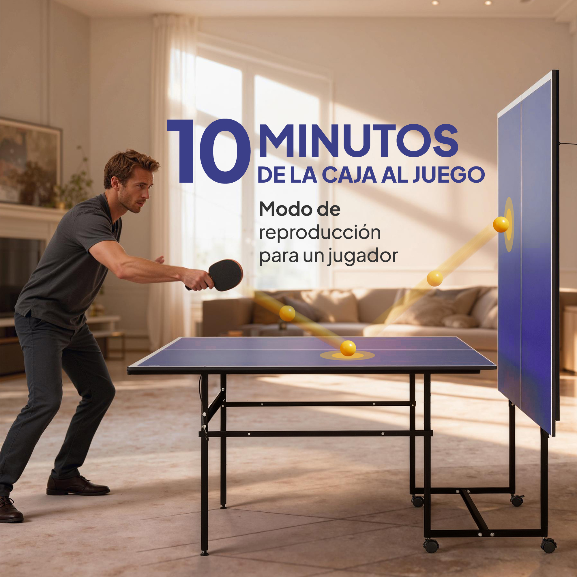 Hombre juega tenis de mesa contra tablero azul con objetivos amarillos.
