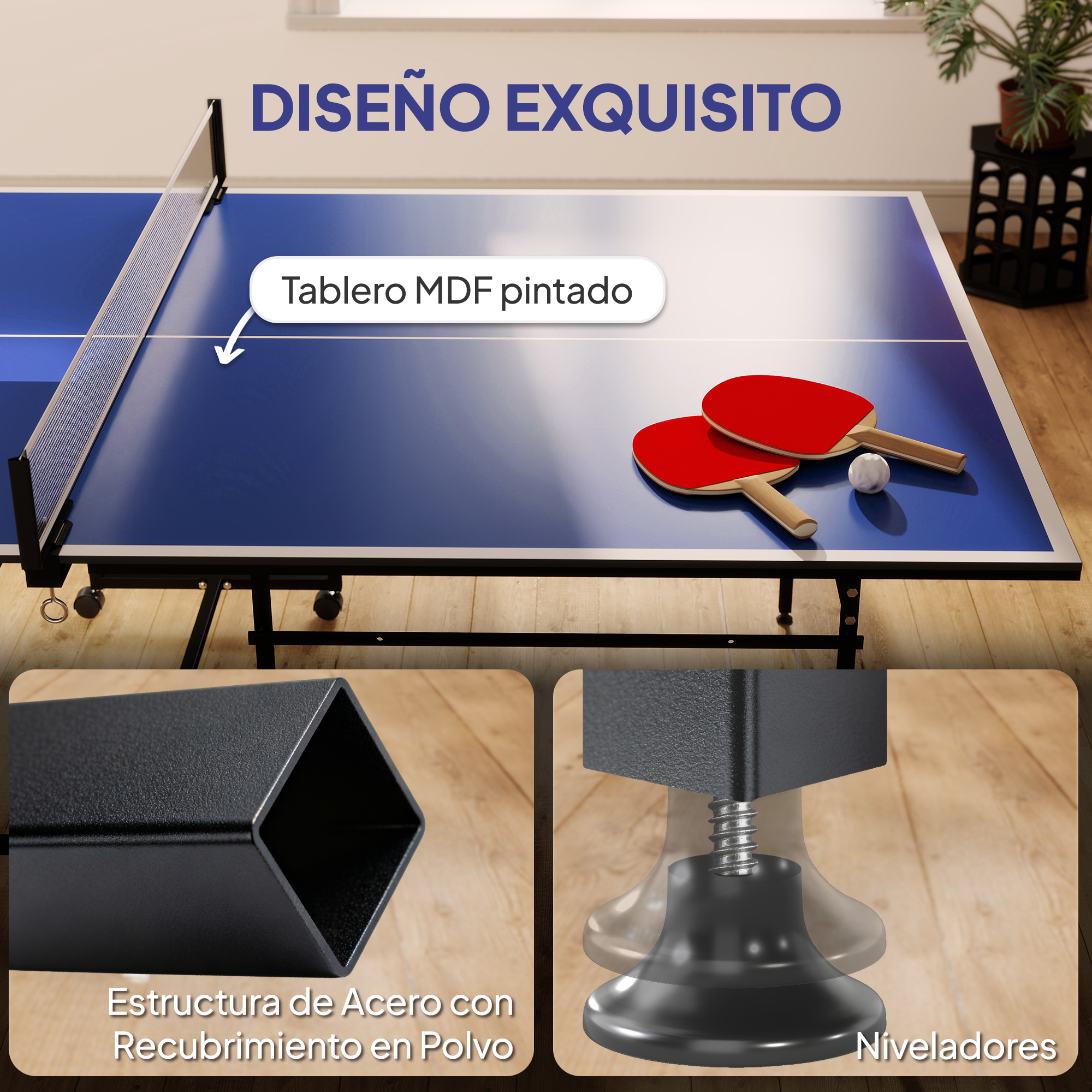 Mesa de ping pong azul con red, paletas rojas y pelota.