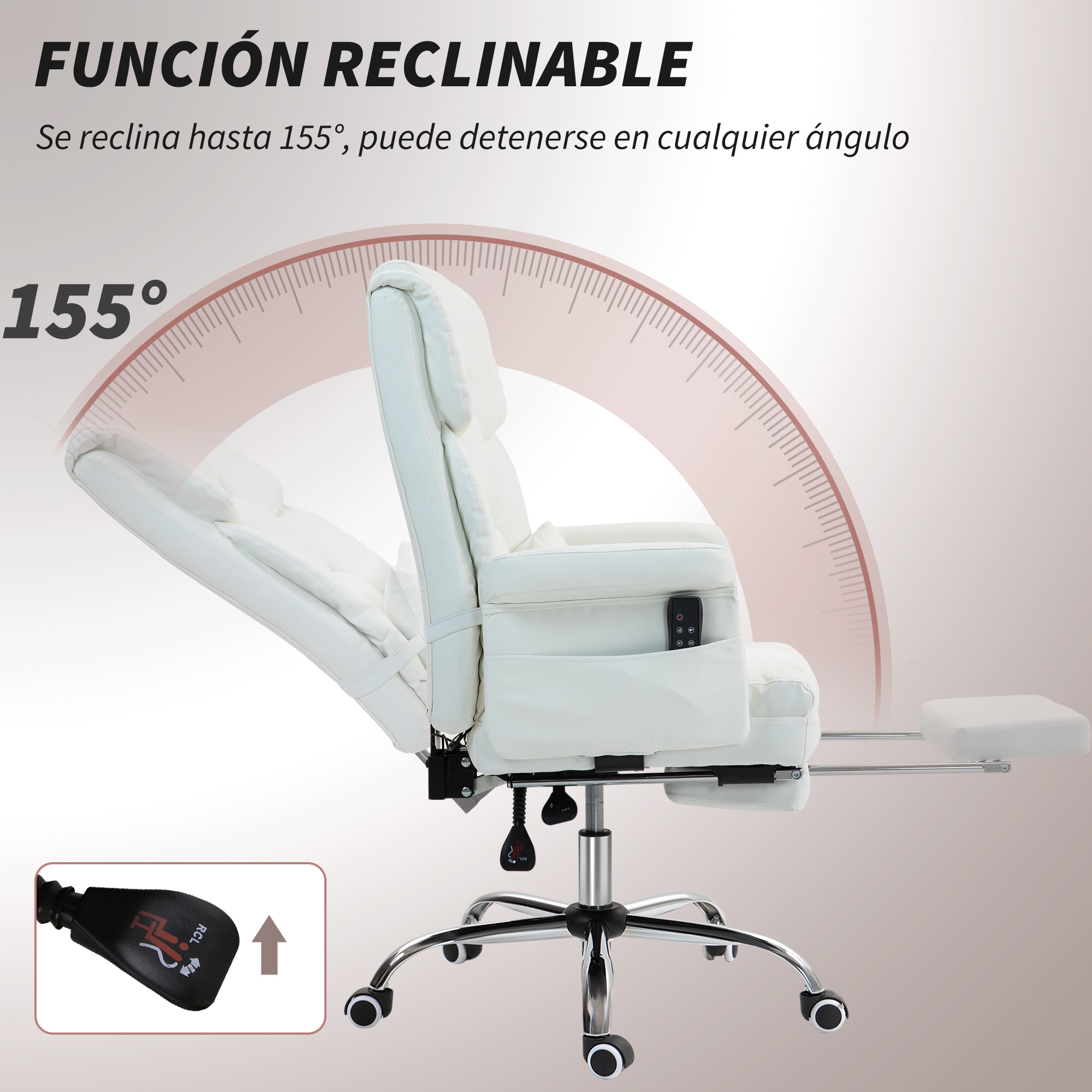 Una silla de oficina blanca con respaldo reclinable y reposapiés, inclinada a 155°.