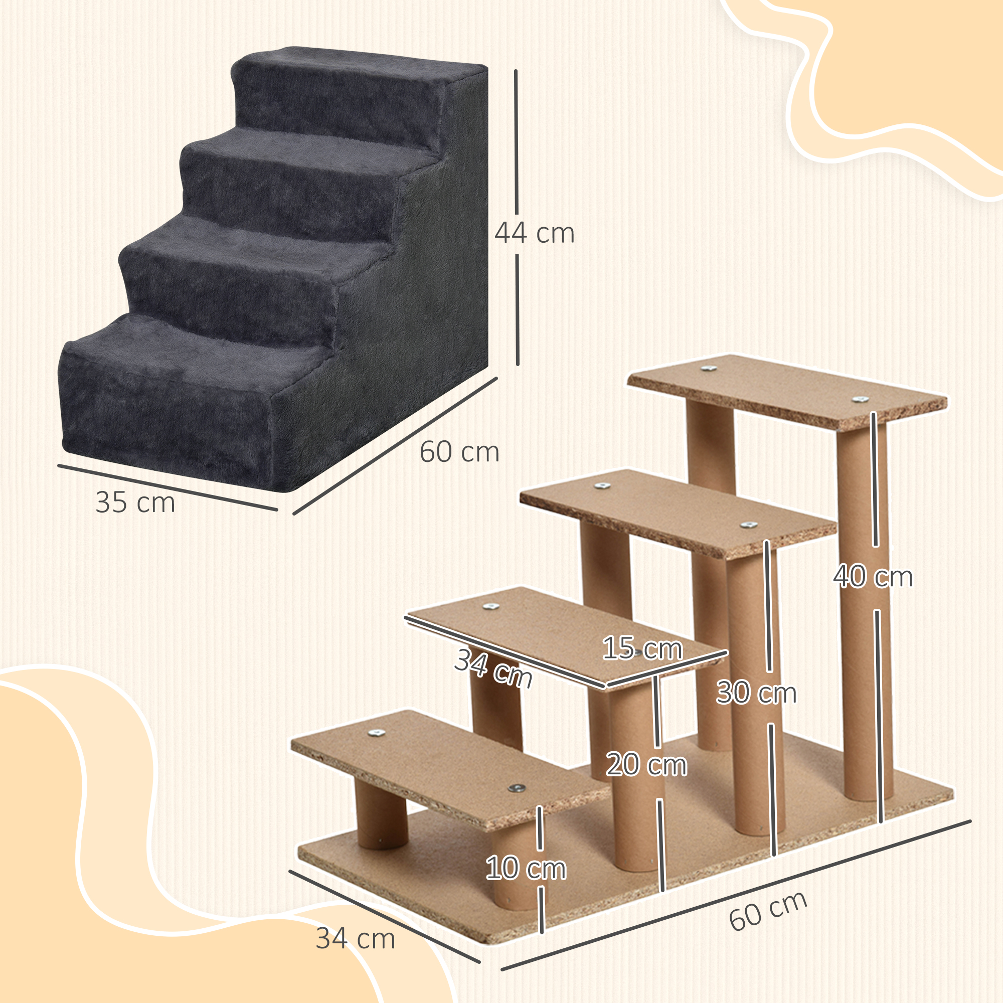 Escaleras para mascotas grises y marrones con dimensiones.