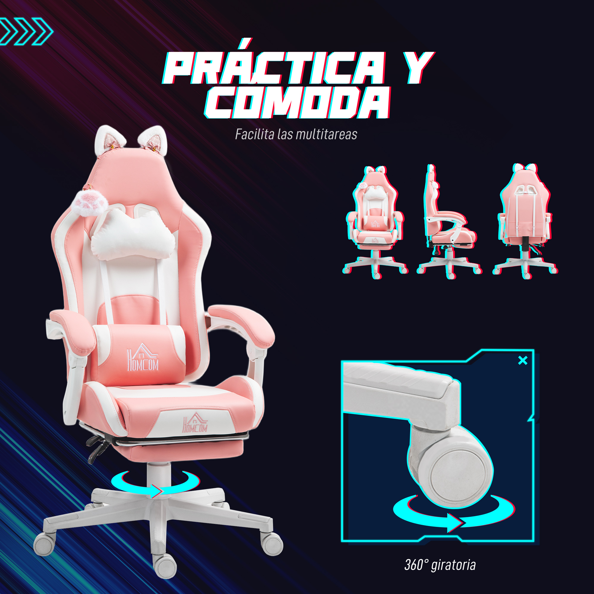 Una silla gamer rosa y blanca con orejas de gato y cojín de nube. Base giratoria.