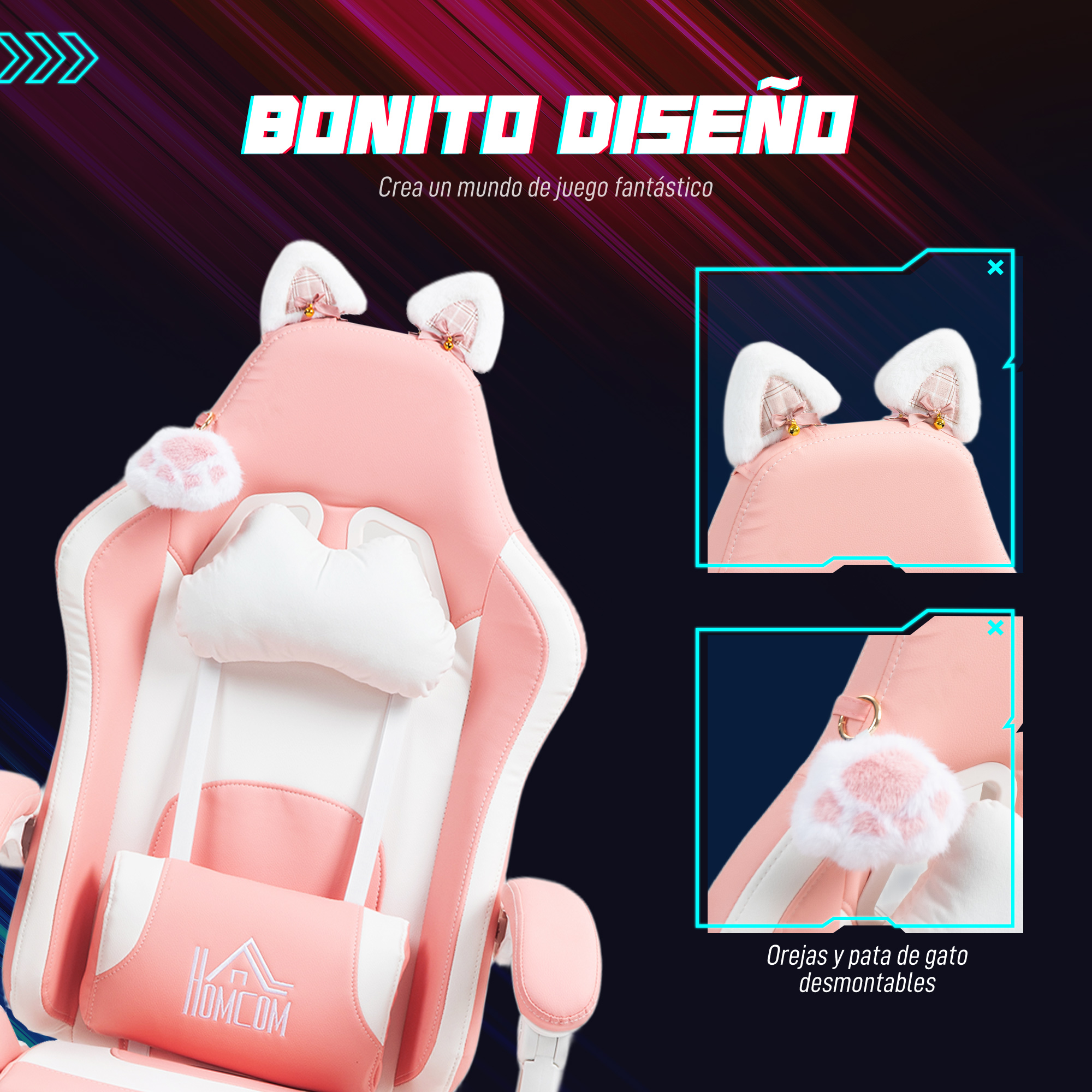 Una silla gamer rosa con orejas de gato y charm de pata.