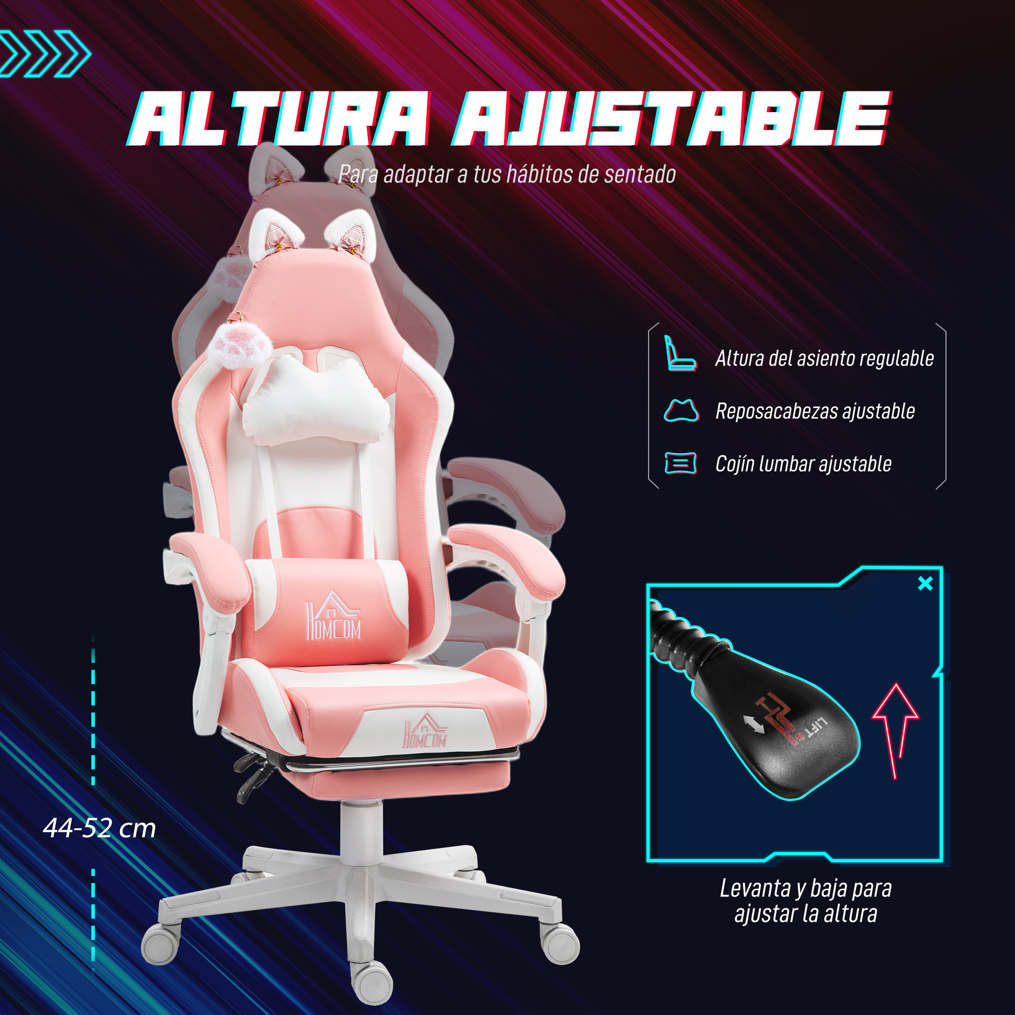 Silla gamer rosa ajustable con orejas de gato y cojines, altura 44-52 cm.