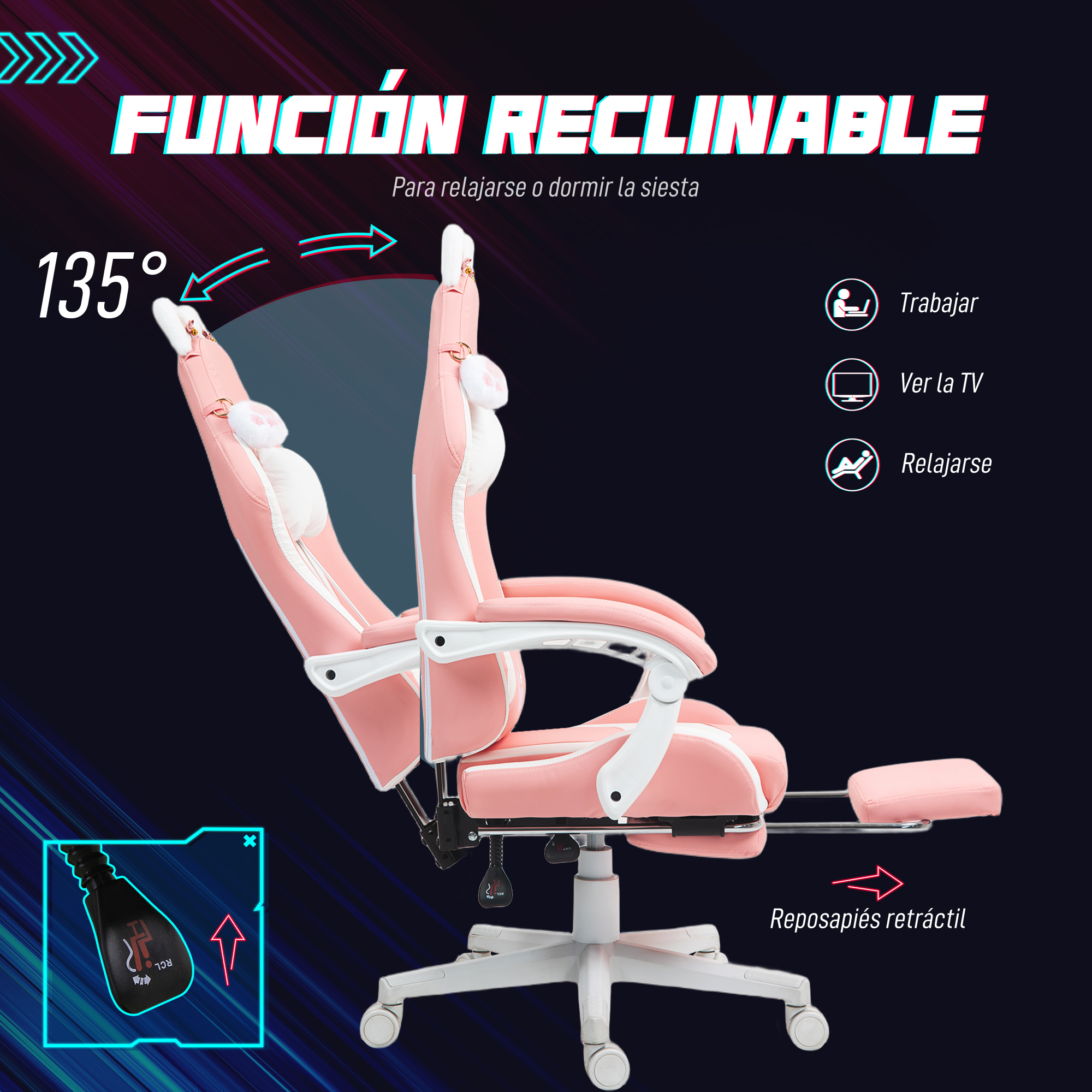 Una silla gamer rosa con respaldo reclinable y reposapiés retráctil.