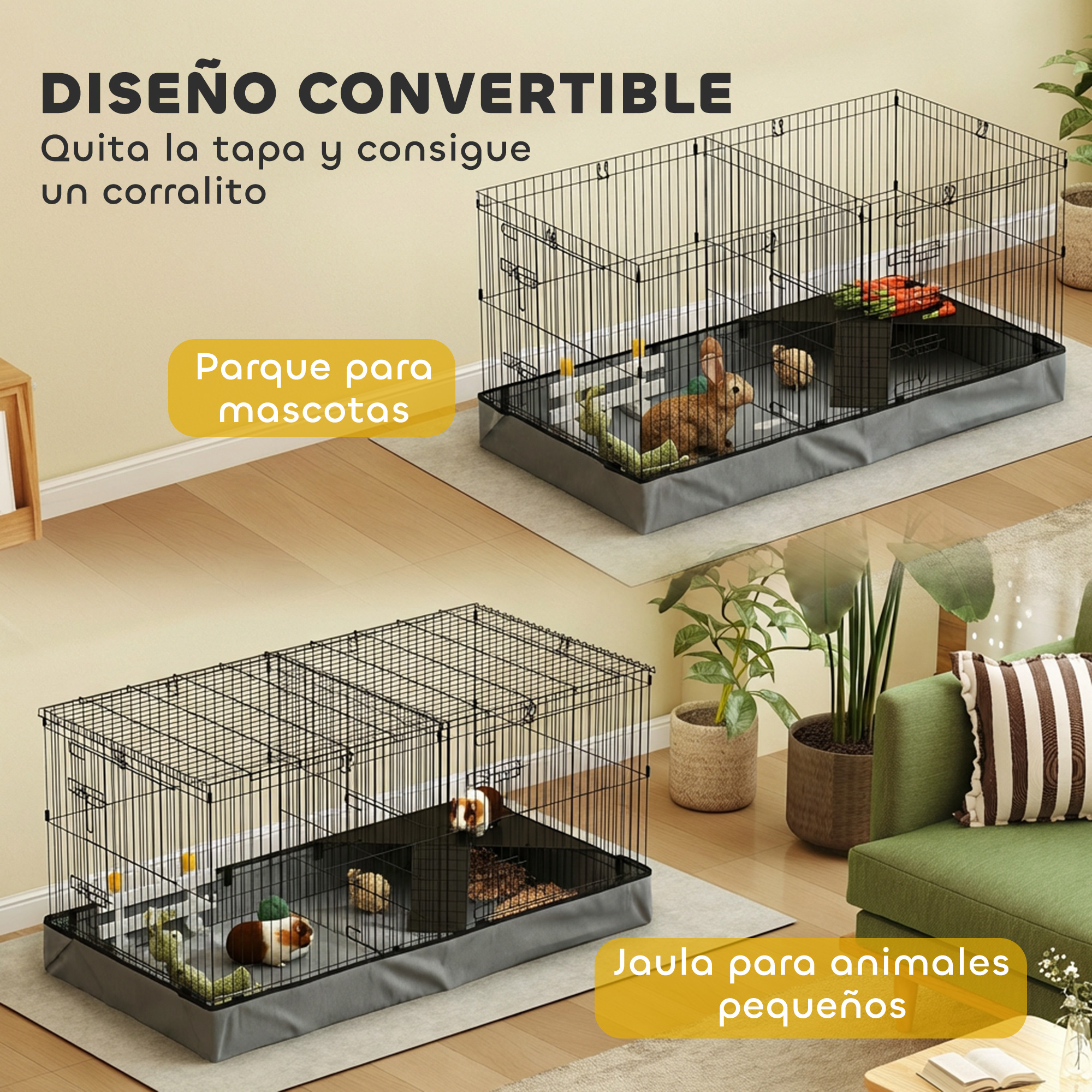Dos jaulas para mascotas: arriba con conejo, abajo con cuyes.