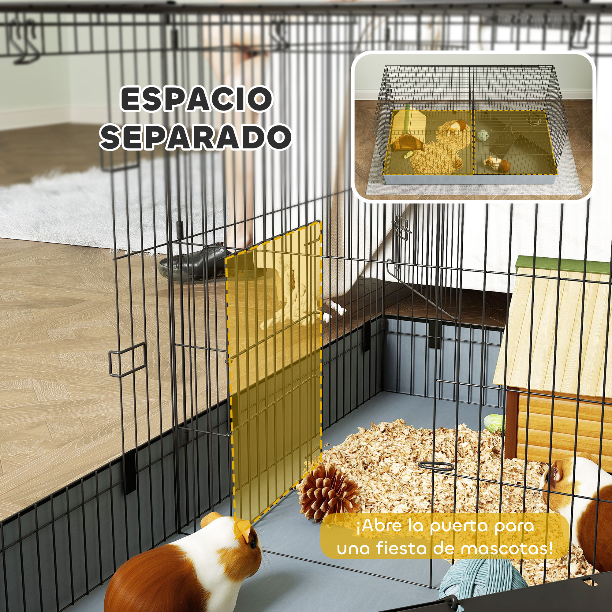 Un recinto para mascotas con dos conejillos de indias, casa de madera y juguetes.