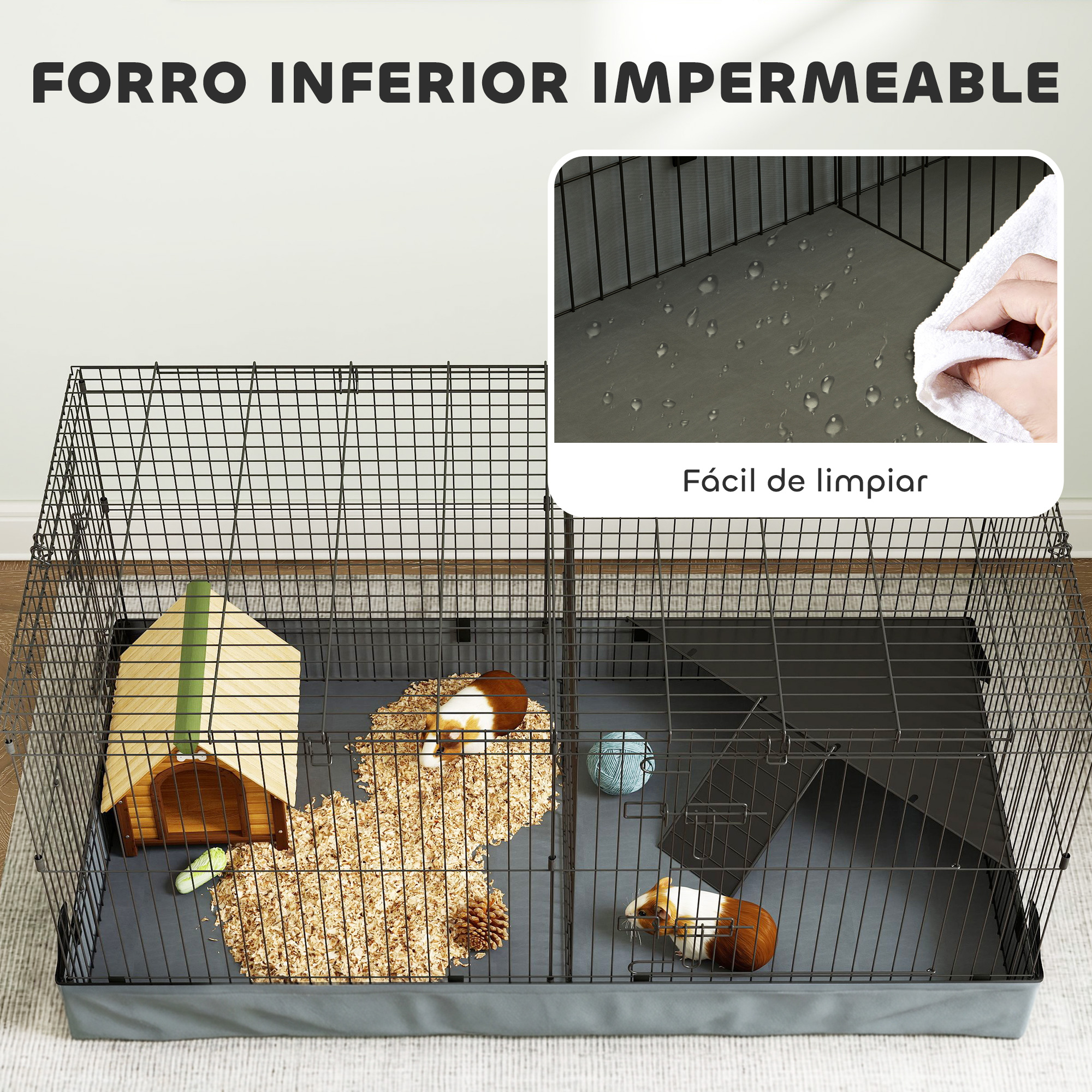Una jaula con dos conejillos de indias, una casa de madera y juguetes. La base es impermeable.