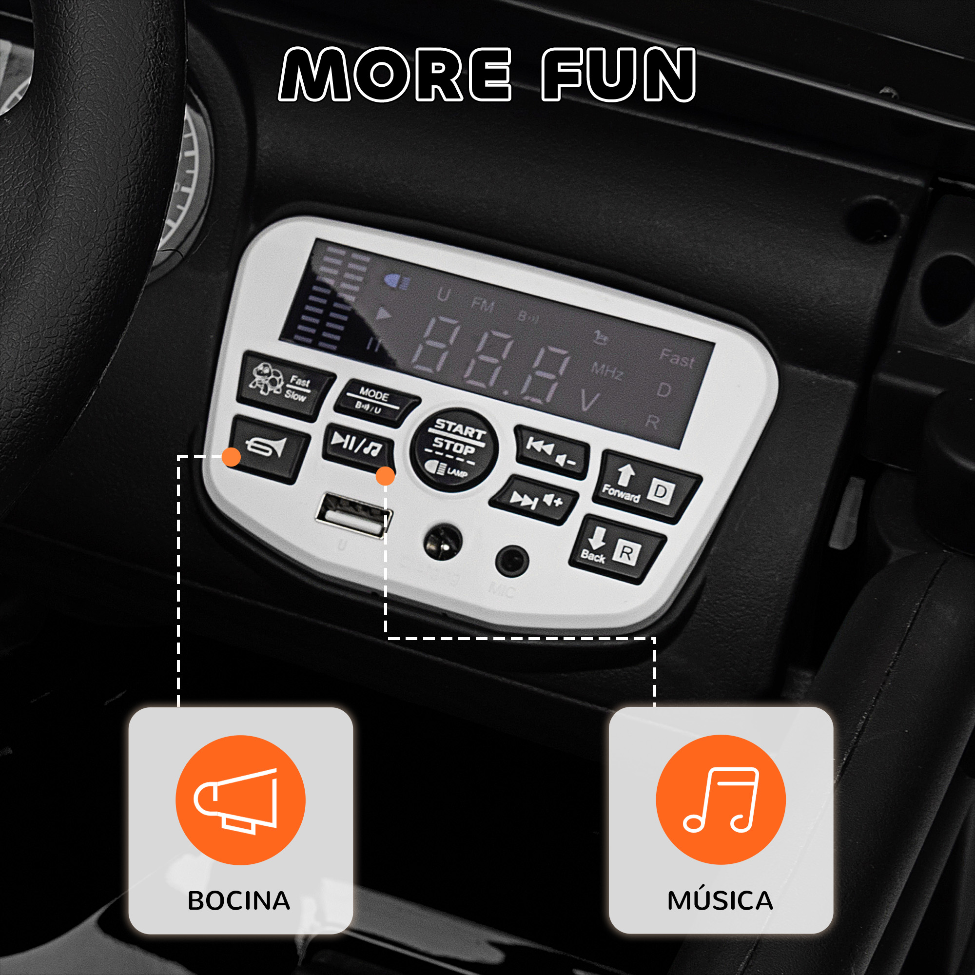 Salpicadero de coche de juguete con radio, bocina y icono musical.