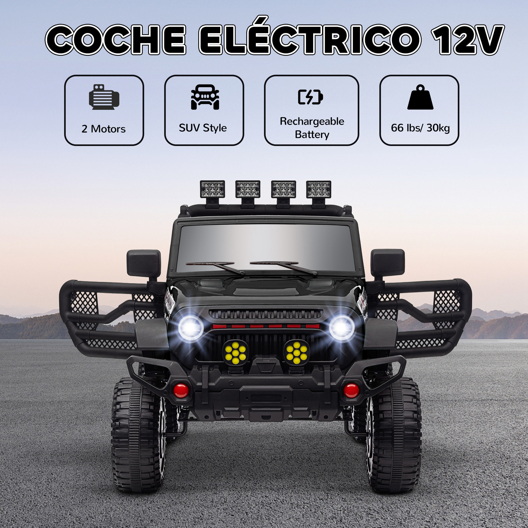 Jeep de juguete eléctrico negro con luces, parachoques y neumáticos grandes.