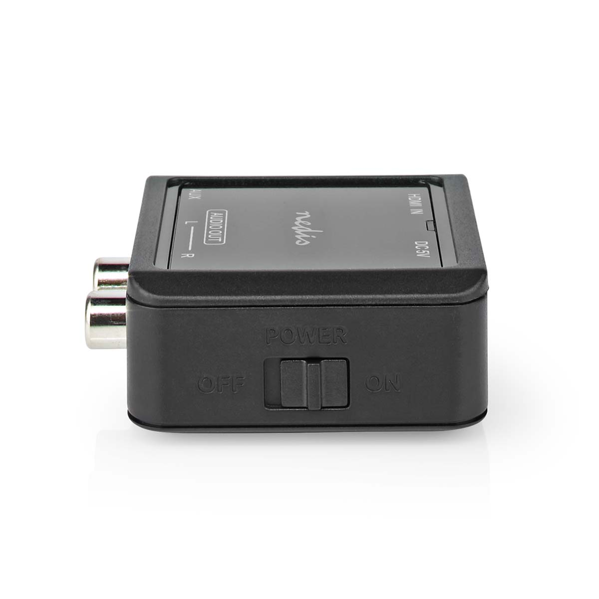 Ein schwarzer Audio-Konverter mit RCA-Anschlüssen, Netzschalter und HDMI-Eingang.