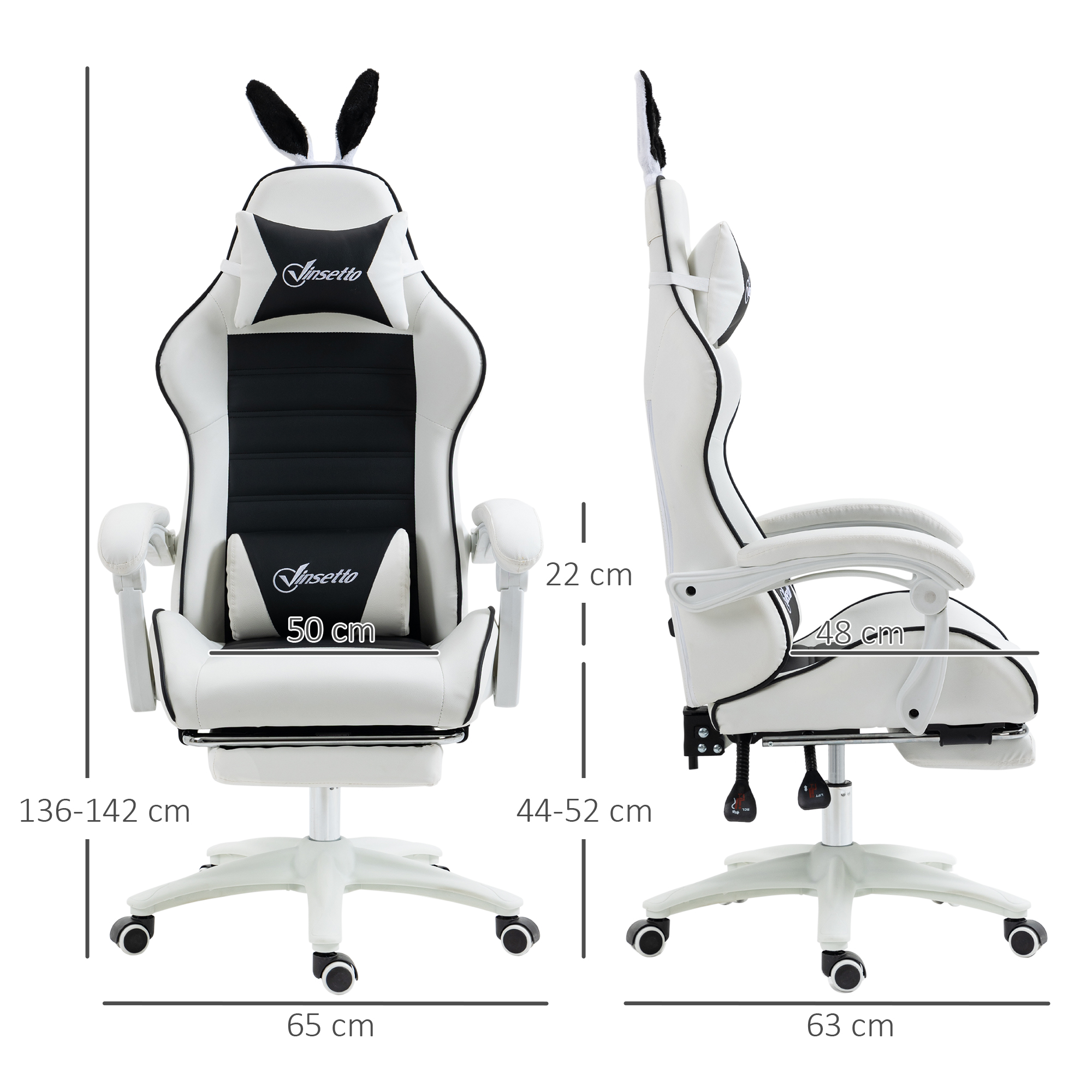 Sedia da gaming bianca e nera con orecchie da coniglio, mostra dimensioni 136-142cm altezza.