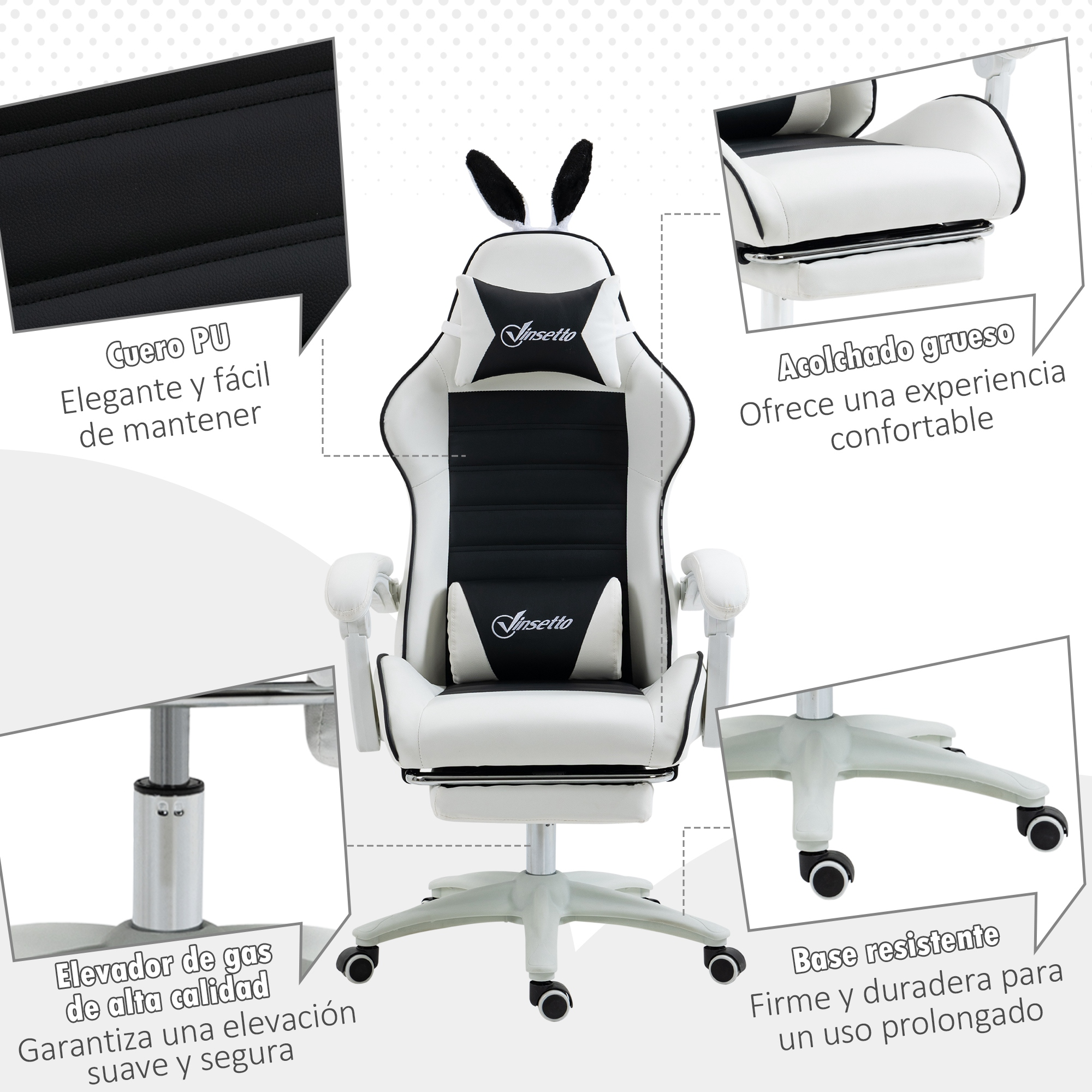 Silla gaming blanca y negra con orejas de conejo, reposapiés y detalles.