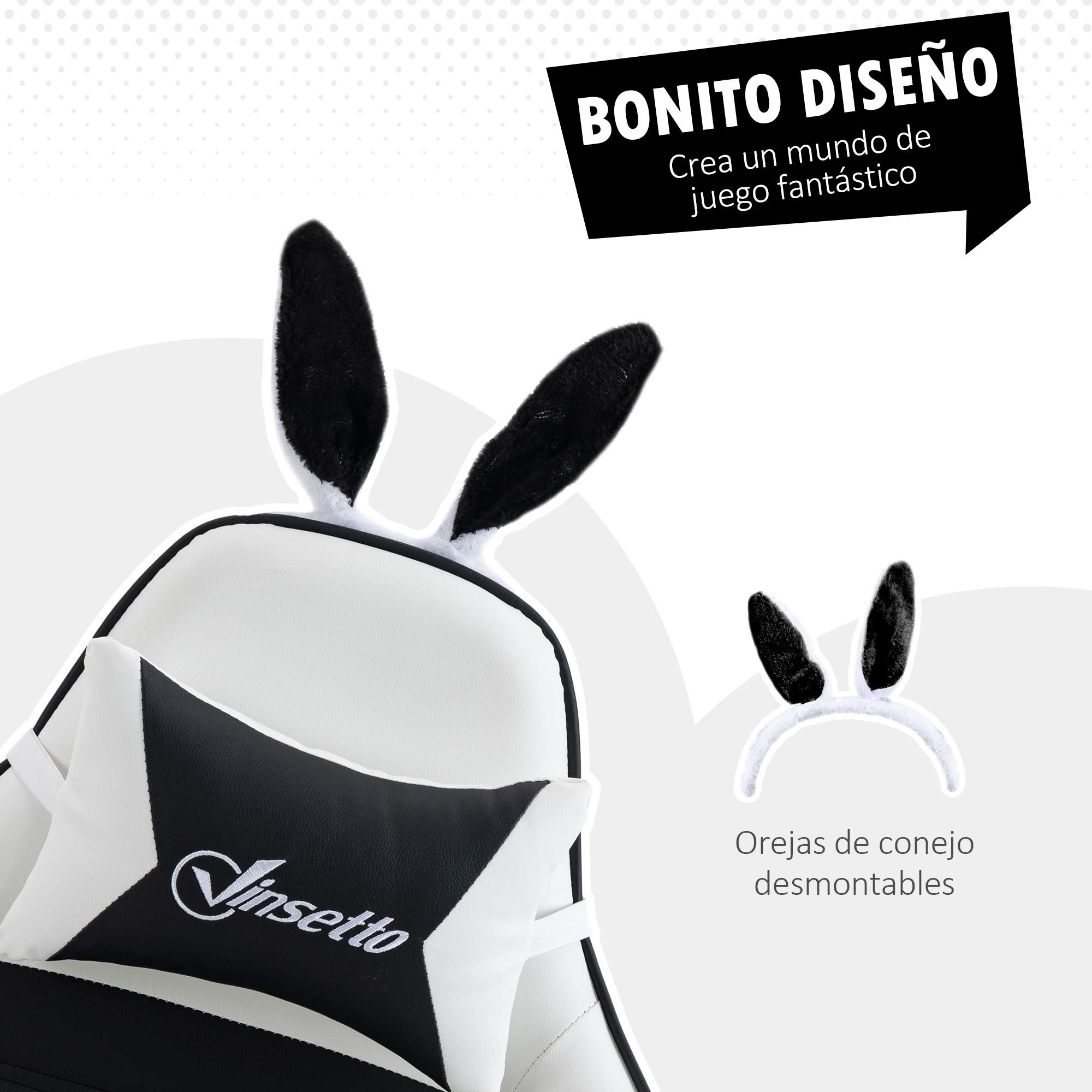 Una silla gamer blanca y negra con orejas de conejo puestas y una diadema de orejas de conejo.