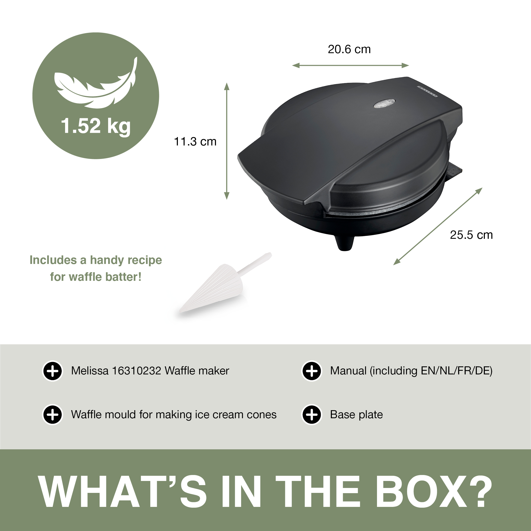 Black waffle maker, 20.6x25.5x11.3cm, 1.52kg. Includes recipe and cone mould.