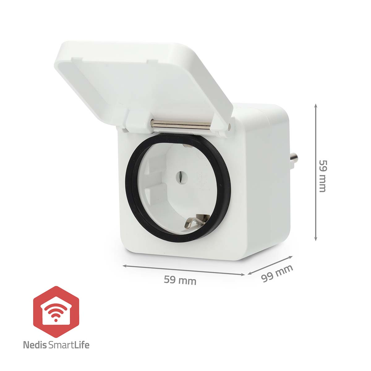 Wit stopcontact met open deksel, afmetingen 59x59x99mm.
